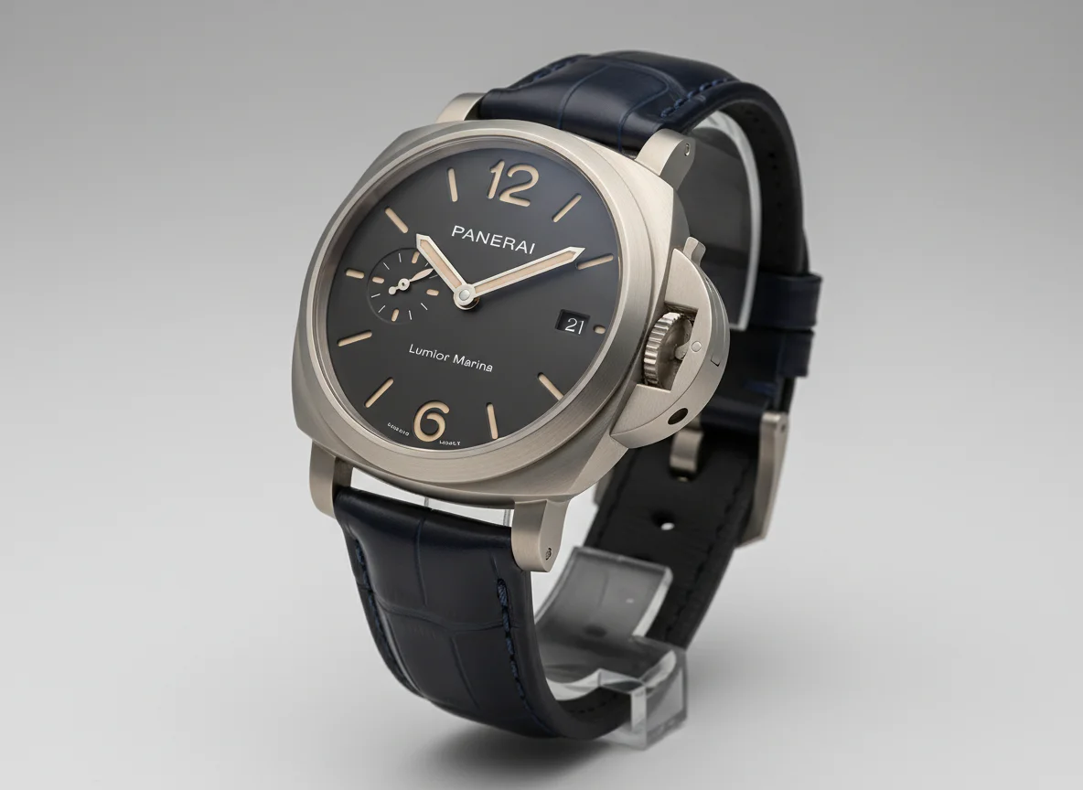 Panerai Luminor Marina 44mm in grade 5 titanium with anthracite dial demonstrating the lighter brushed titanium finish