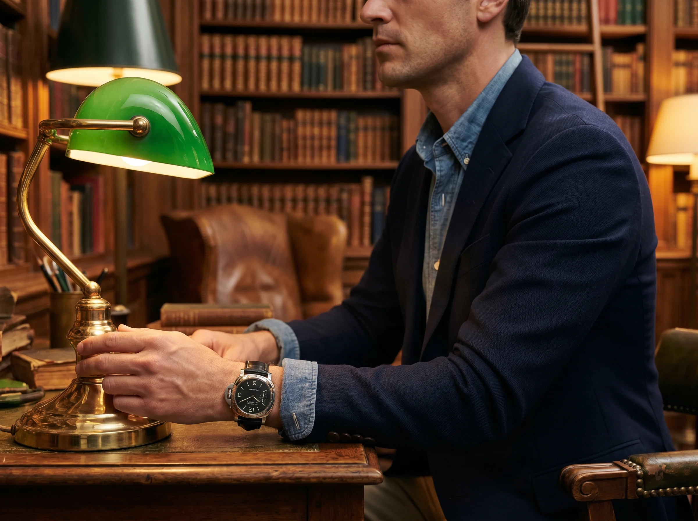 Panerai Luminor Marina wrist shot in warm leather library setting showing cushion case and crown protector bridge in editorial composition