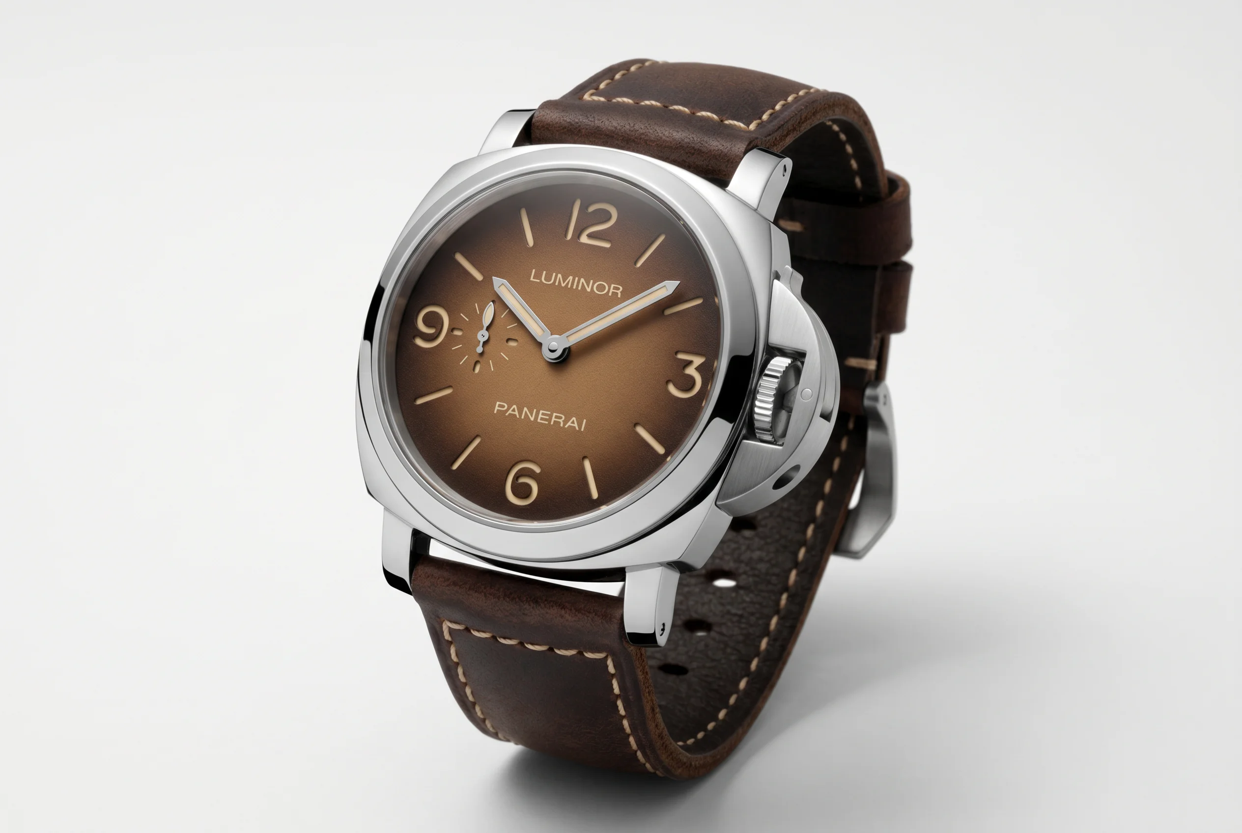 Panerai Luminor PAM01731 in 44mm steel with tobacco brown gradient sandwich dial pencil hands and small seconds at 9