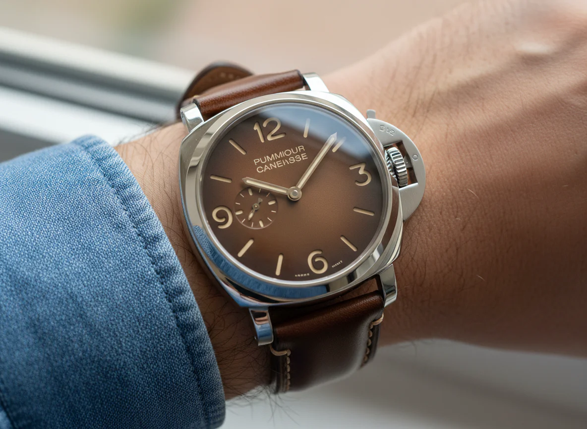 Panerai Luminor PAM01731 wrist shot showing the 44mm cushion case with brown tobacco dial and crown protector bridge