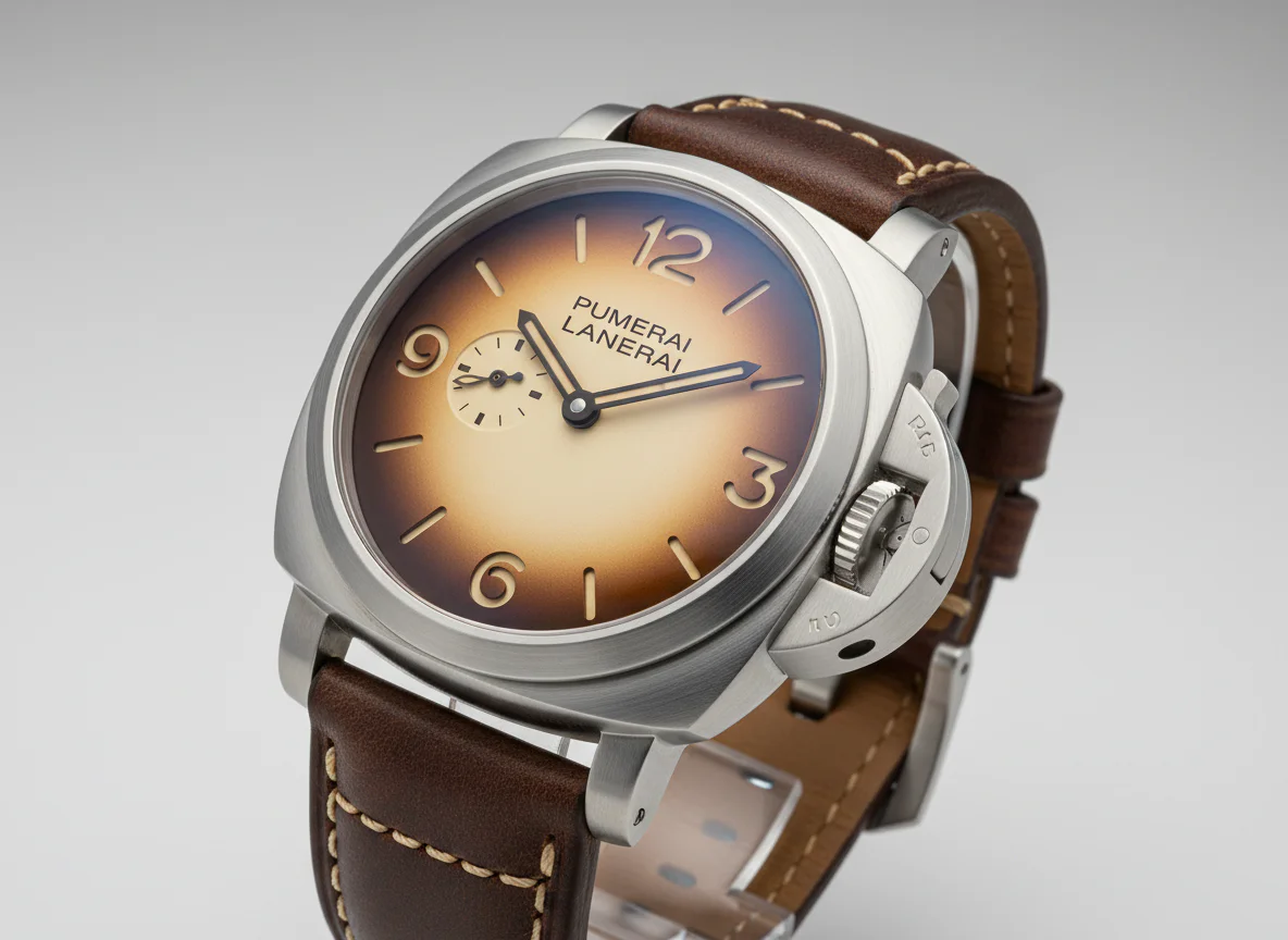 Panerai Luminor PAM01735 in 47mm steel with tropical aged ivory and brown gradient sandwich dial vintage 6152/1 proportions