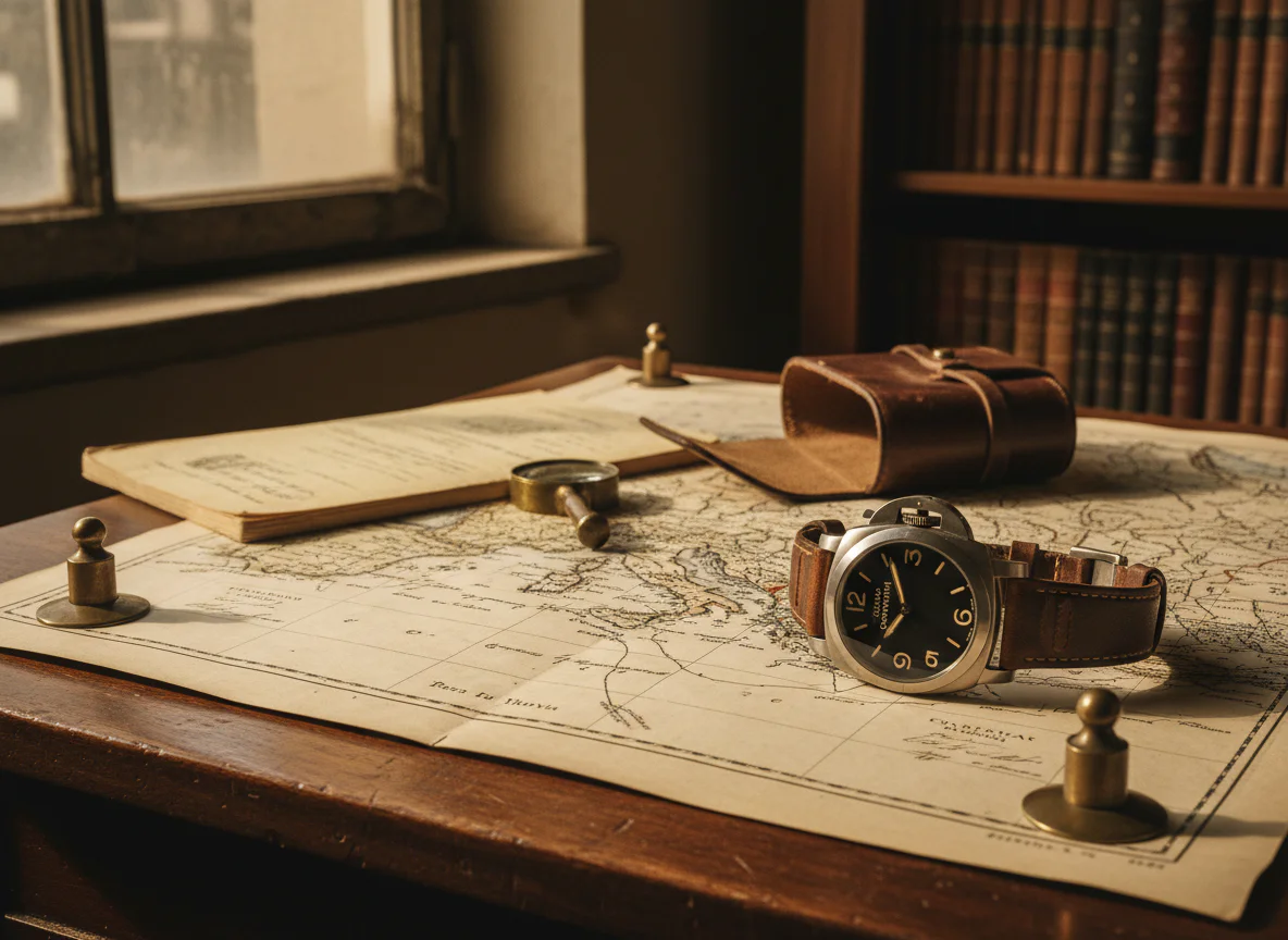 Vintage 1990s Pre-Vendome Panerai Luminor Marina Logo PAM00005 on a vintage nautical map in a collectors archival study