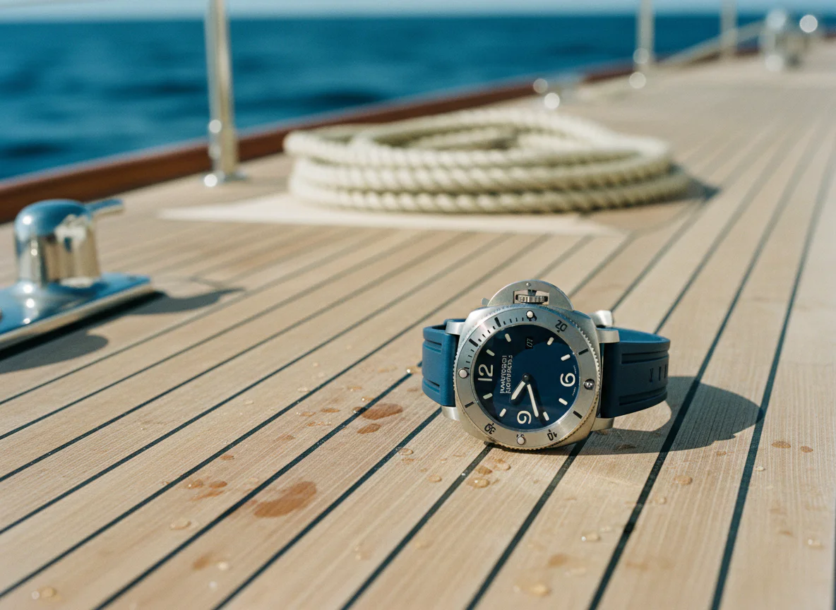 Panerai Luminor Submersible PAM00682 on weathered teak yacht decking near the open ocean in natural sunlight