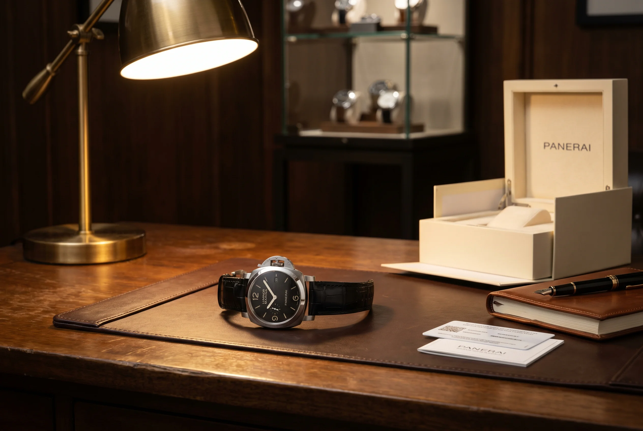 Panerai Luminor Marina PAM01314 on a luxury watch dealers walnut desk with brass lamp leather pad and warranty kit in editorial lighting