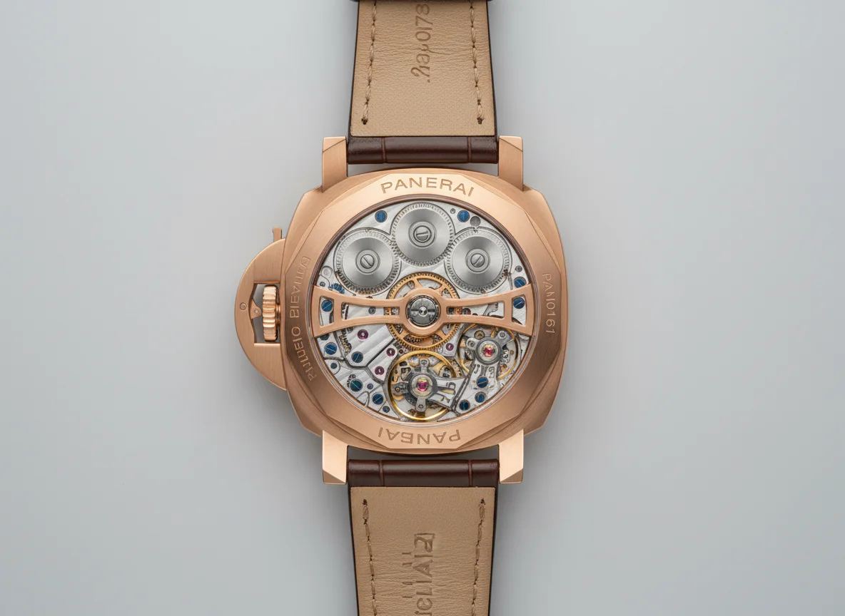 Panerai PAM01631 sapphire caseback view showing the four-barrel architecture of the P.2031/S hand-wound 31-day caliber
