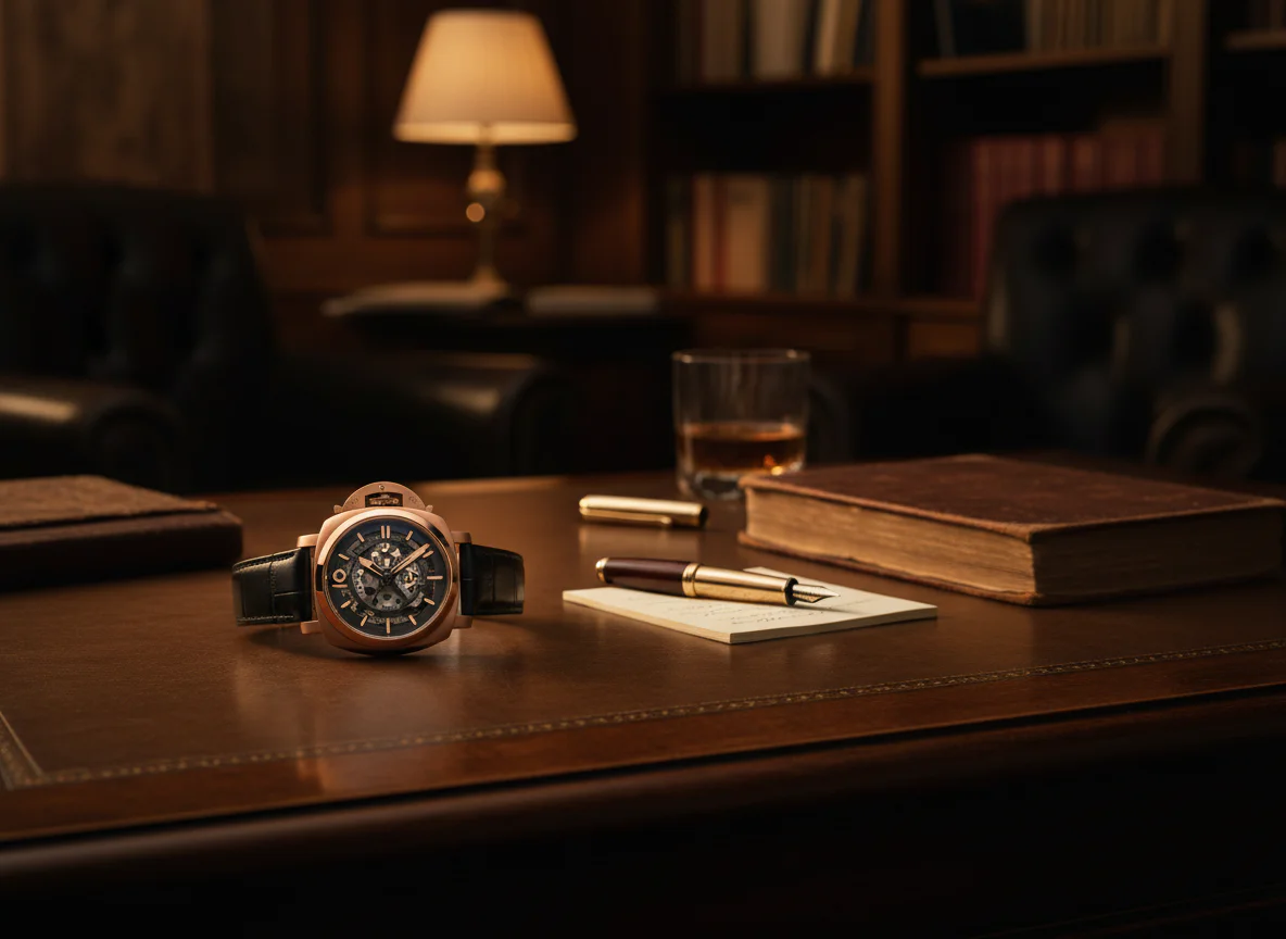 Panerai Luminor 31 Giorni PAM01631 editorial still life on dark walnut desk with leather journal showing the skeletonized openworked dial