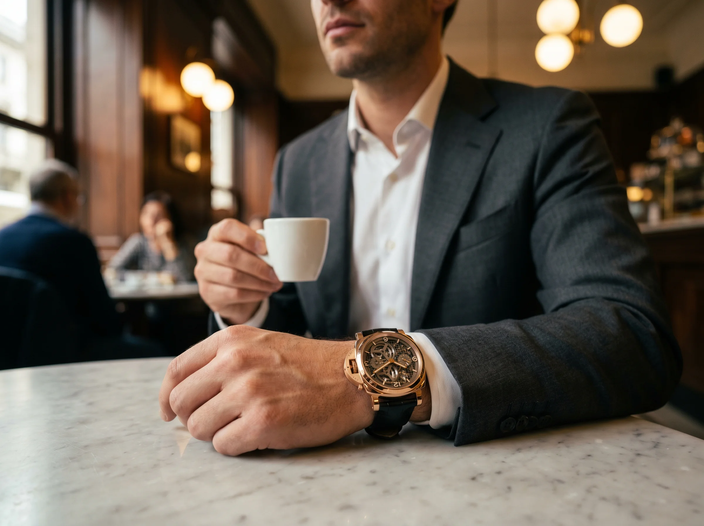 Panerai Luminor 31 Giorni PAM01631 wrist shot in Milan cafe setting showing Goldtech rose gold cushion case and crown protector bridge