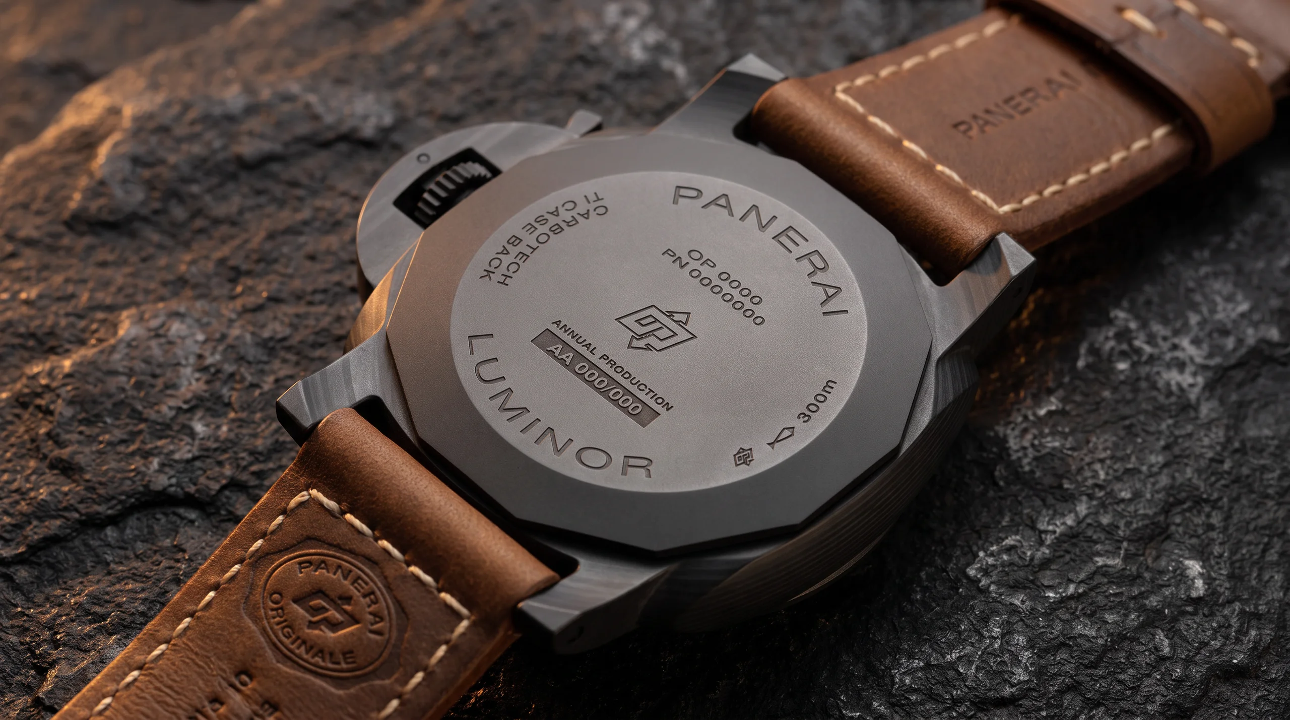 Panerai Luminor Marina PAM01707 Carbotech editorial photograph highlighting the case finish and crown guard