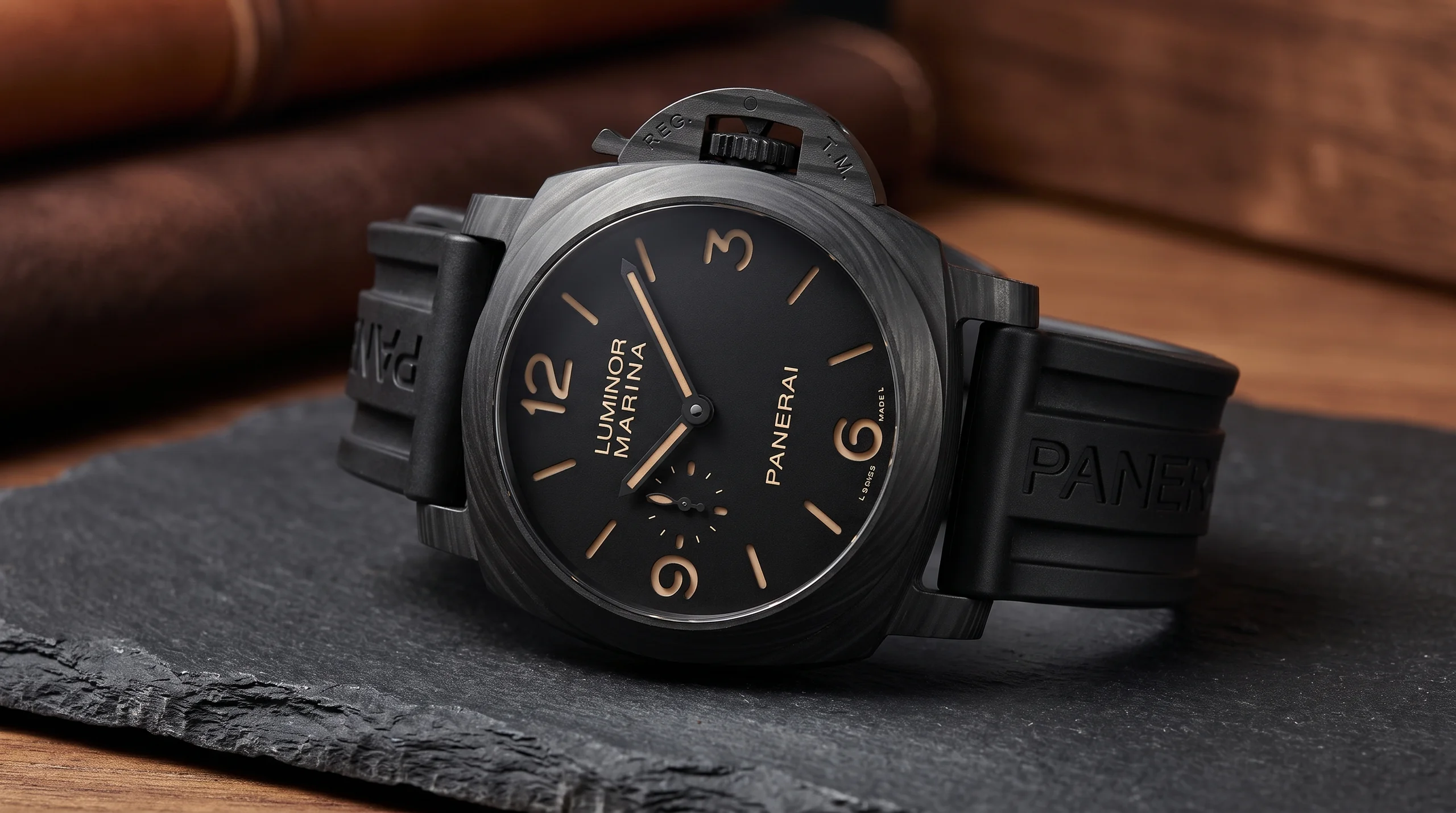 Panerai Luminor Marina PAM01707 Carbotech editorial photograph showing the dial and sandwich construction