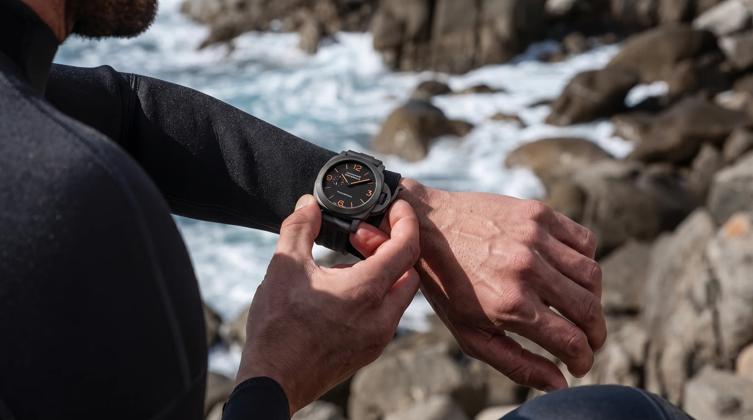 Panerai Luminor Marina PAM01707 in Carbotech, editorial photograph showing the marbled composite case