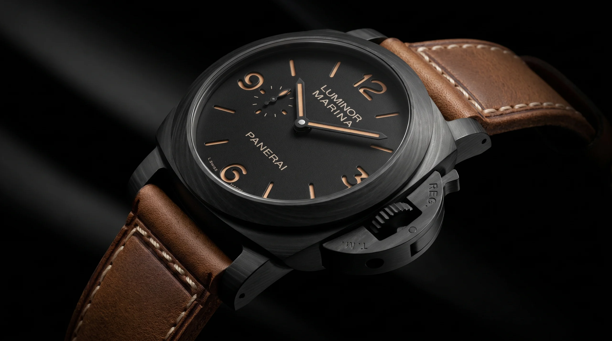 Panerai Luminor Marina PAM01707 Carbotech shown with its brown calf leather strap and DLC titanium buckle