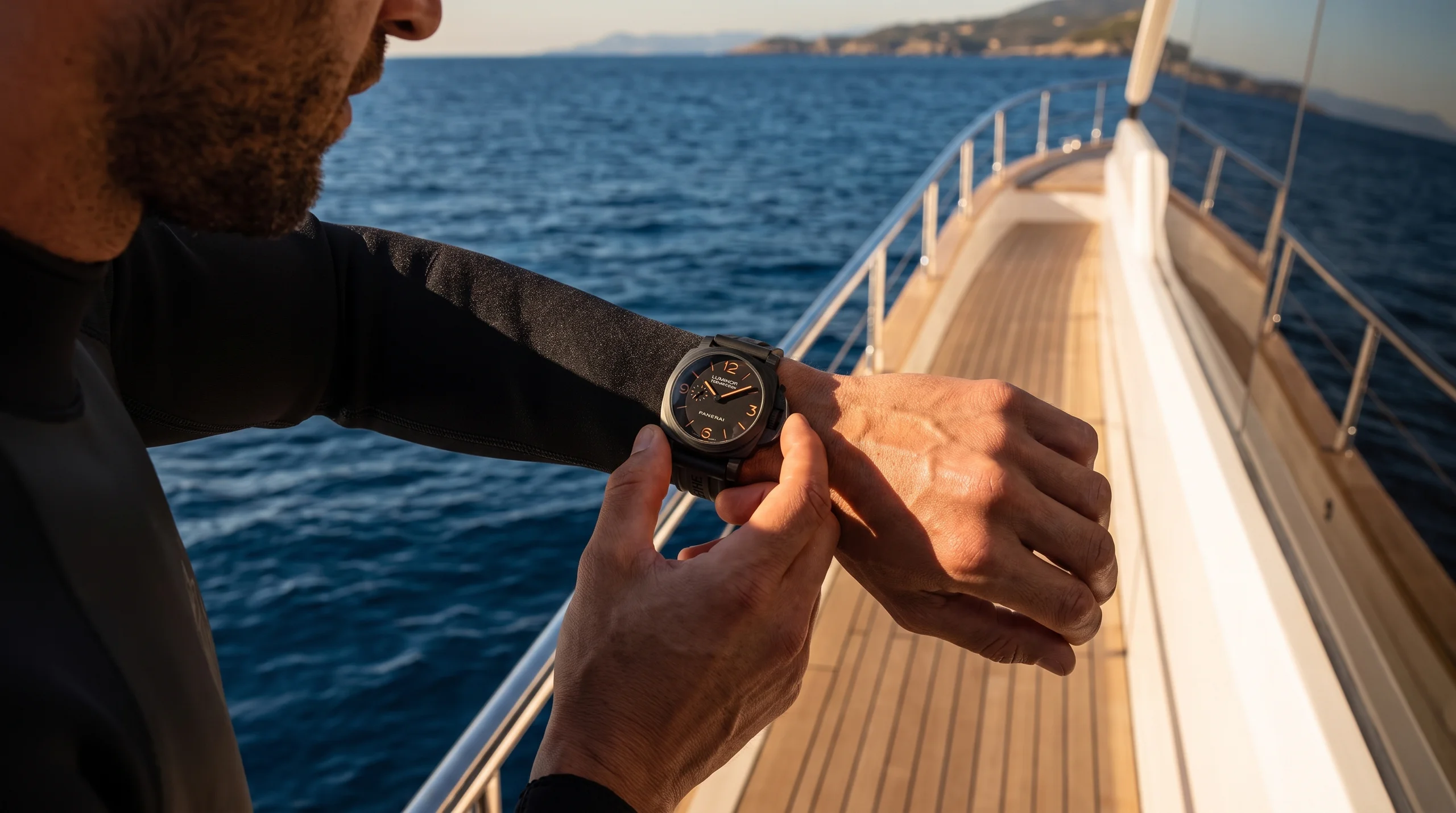 Panerai Luminor Marina PAM01707 Carbotech worn on the wrist, showing the clean no-date dial