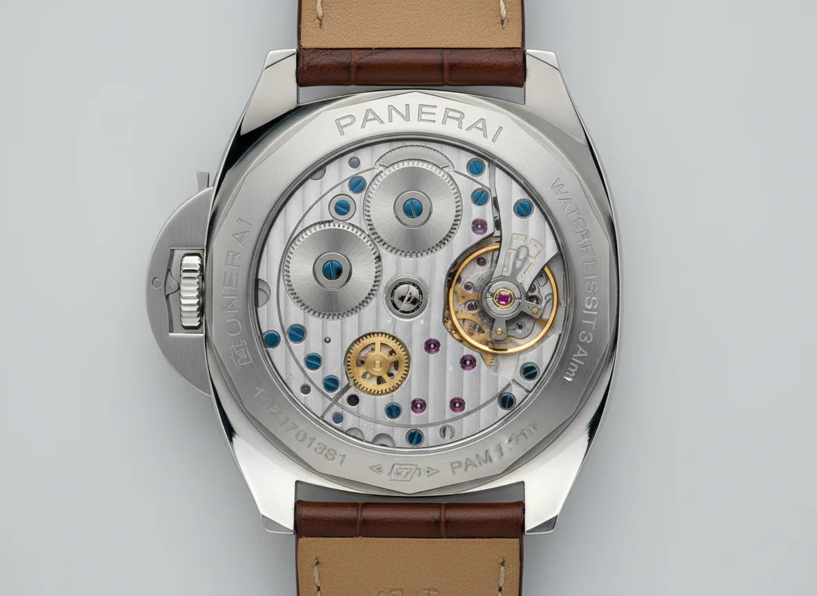 Panerai PAM01731 sapphire caseback view showing the in-house P.6000 hand-wound mechanical movement with 3-day power reserve