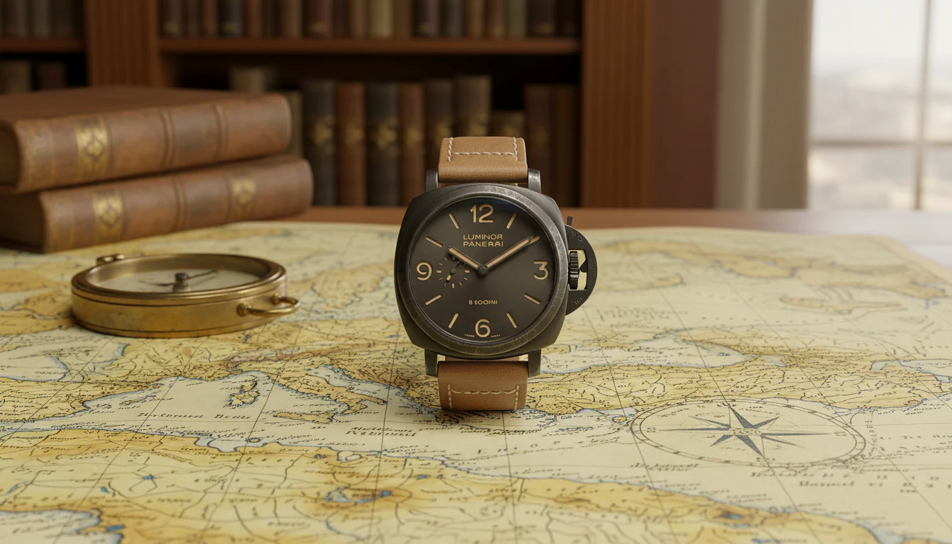 Panerai Luminor 8 Giorni Brunito PAM01733 lying flat on an unfolded vintage nautical chart of the Mediterranean Sea beside a weathered brass dry-card boat compass with leather-bound nautical reference books on wooden library shelving in soft focus background
