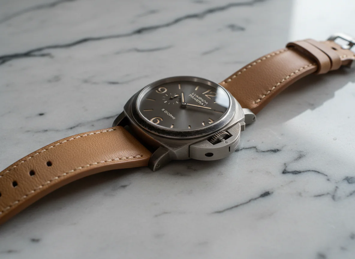 Side profile angle of Panerai Luminor 8 Giorni Brunito PAM01733 showing the patented crown-protector bridge with lever-cam clamp on the right side of the 44mm Brunito cushion case, both brown calfskin strap halves attached at the lugs and curving naturally across a polished gray marble counter in soft window light