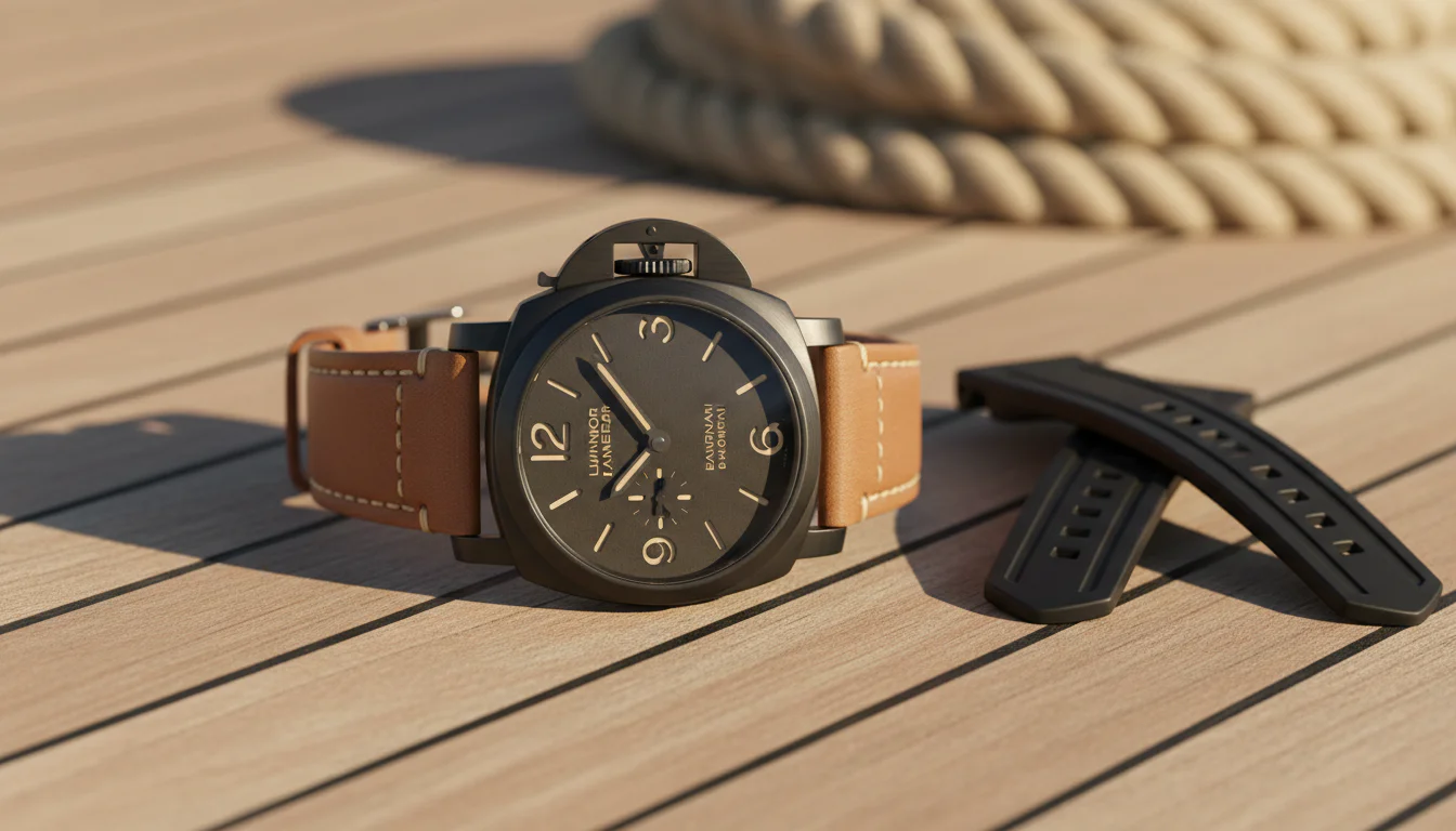 Panerai Luminor 8 Giorni Brunito PAM01733 with brown calfskin strap attached, resting on weathered teak boat decking with the included second black rubber dive strap loosely coiled to the right and natural manila marine rope in the soft-focus background under late morning sunlight