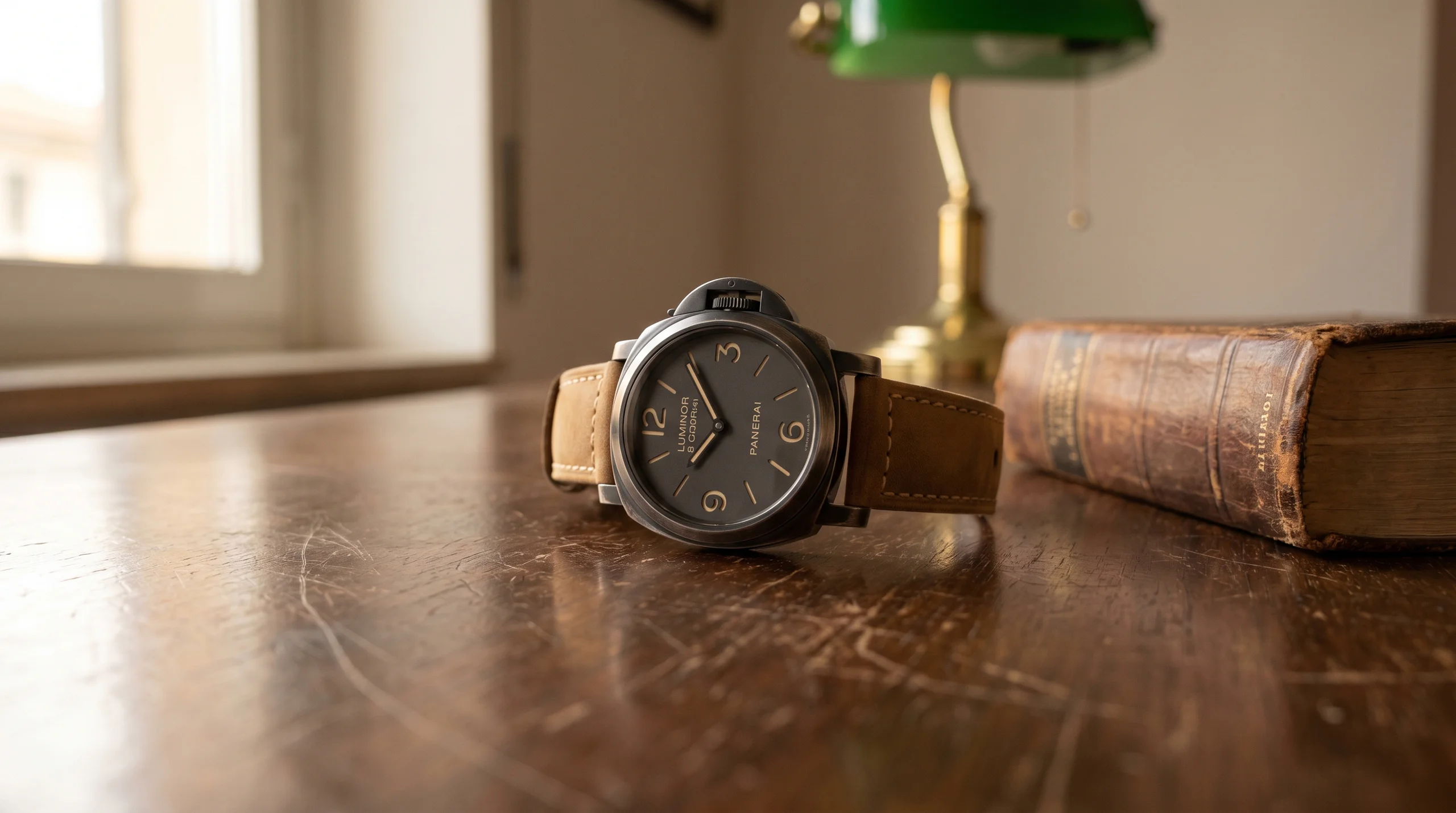 Panerai Luminor 8 Giorni Brunito PAM01733 with 44mm cushion-shaped burnished steel case, anthracite circular-brushed sandwich dial, and brown calfskin strap resting on a worn walnut desk beside a vintage Italian leather-bound dictionary in warm late afternoon light