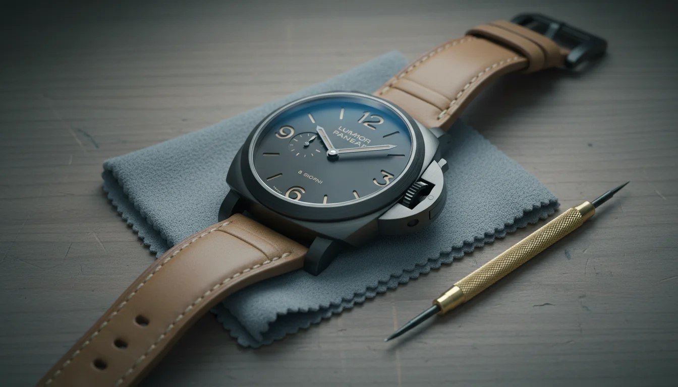 Panerai Luminor 8 Giorni Brunito PAM01733 with 44mm Brunito steel case resting on a gray microfiber cloth on a wooden watchmaker's bench beside a single brass-handled screwdriver under soft workshop daylight