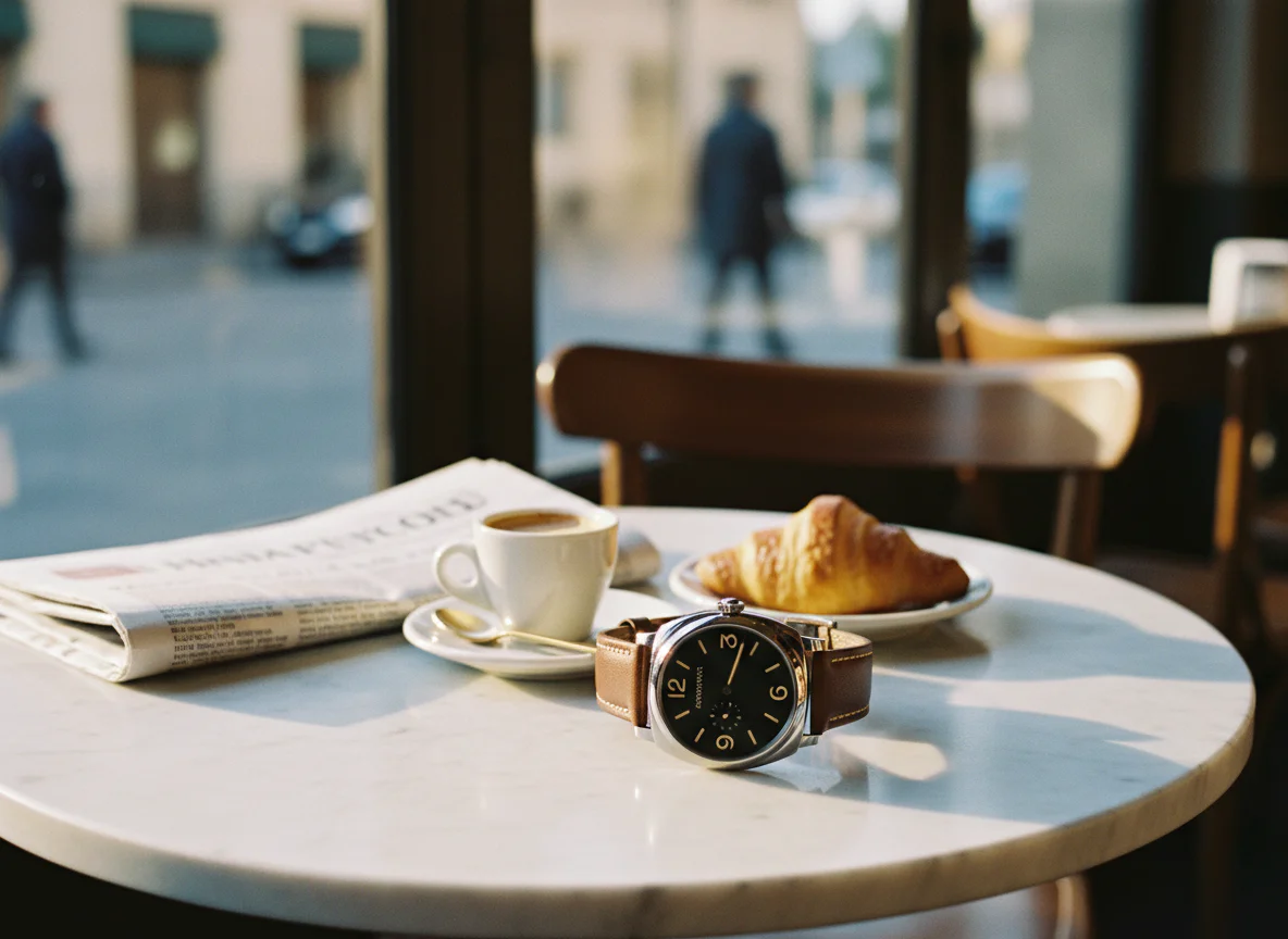 Panerai Radiomir Quaranta 40mm in steel with wire lugs and matte black sandwich dial on a sunlit Italian cafe table