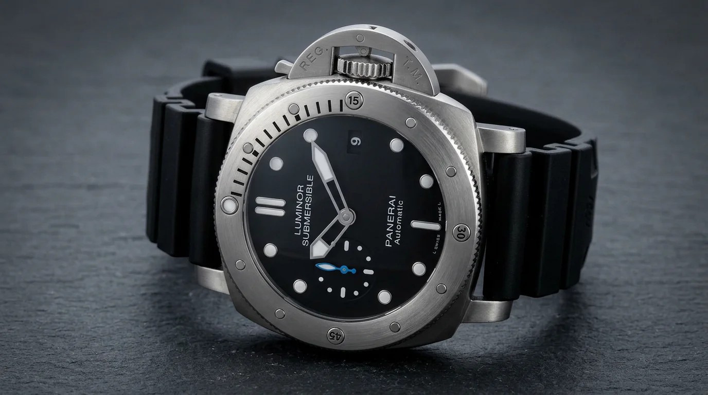 Panerai Submersible dive watch with crown-guard bridge and rotating bezel on a titanium case.