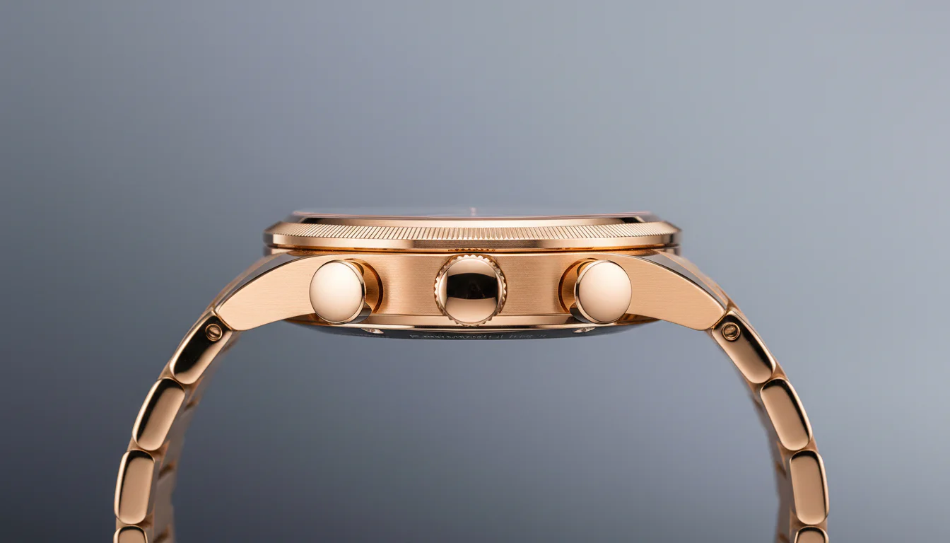Parmigiani Fleurier Tonda PF case side profile showing the chronograph pushers and crown