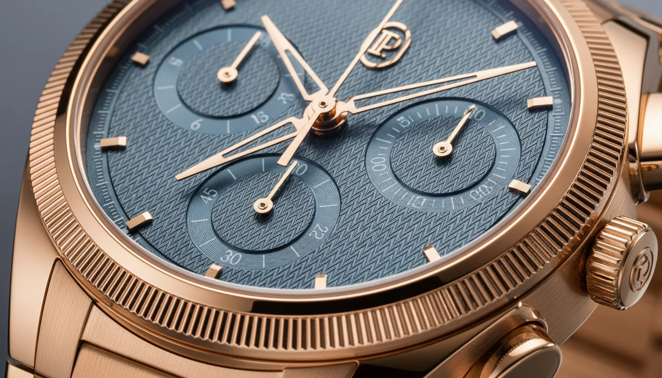 Parmigiani Fleurier Tonda PF dial macro showing the barleycorn guilloche texture and PF monogram