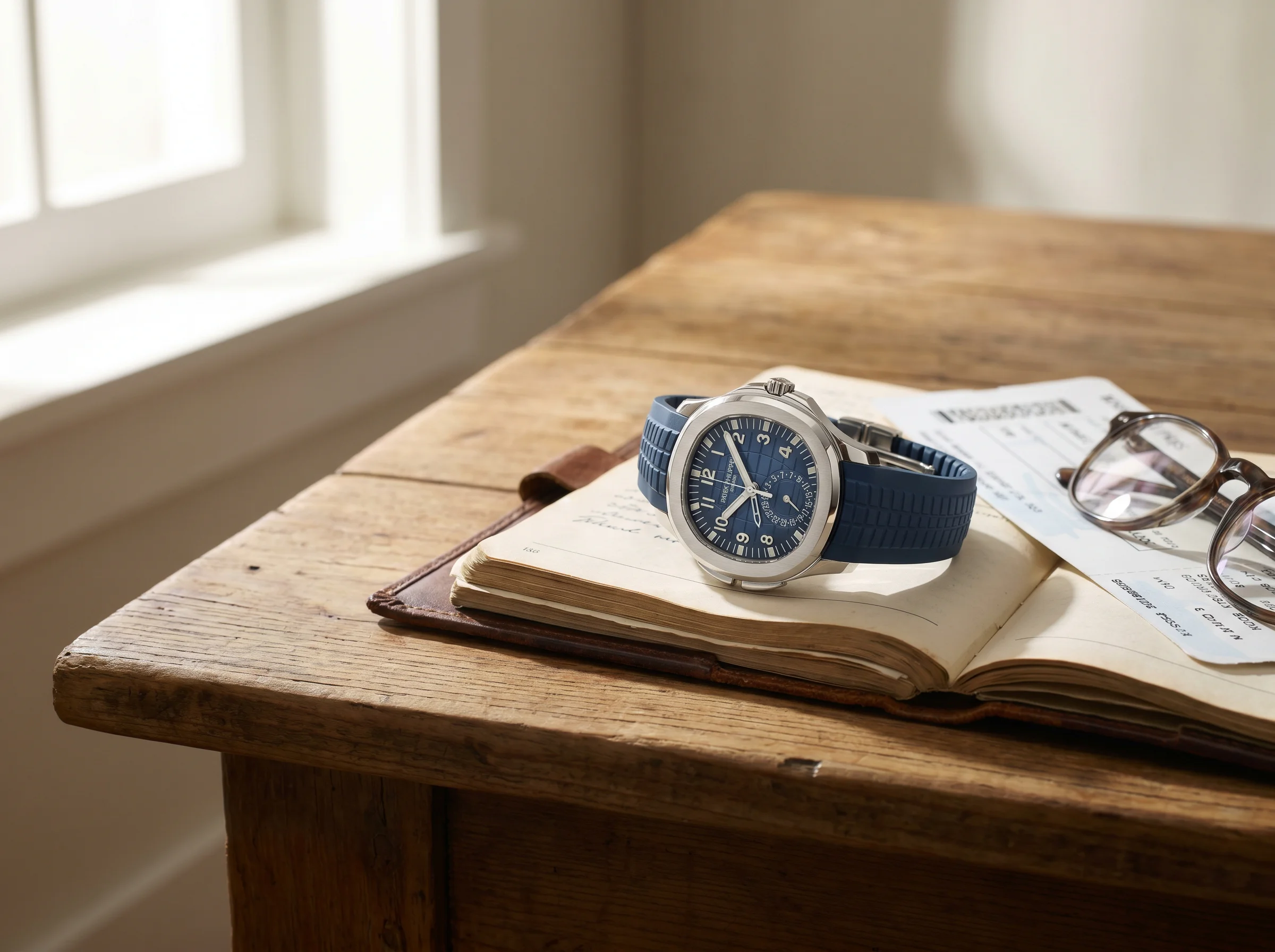 Patek Philippe Aquanaut Travel Time 5164G in white gold with blue dial on an open travel journal
