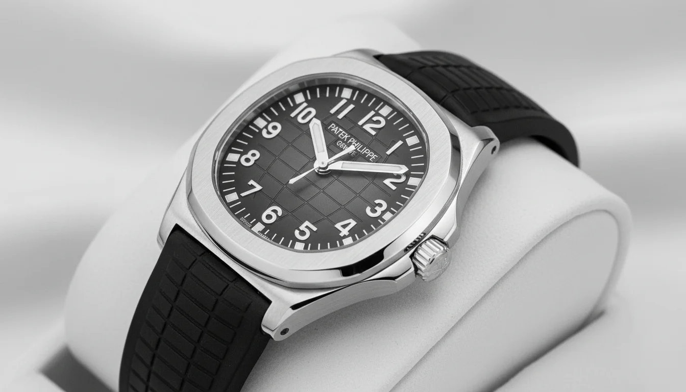 A Patek Philippe Aquanaut 5167 with textured black dial and black rubber strap.