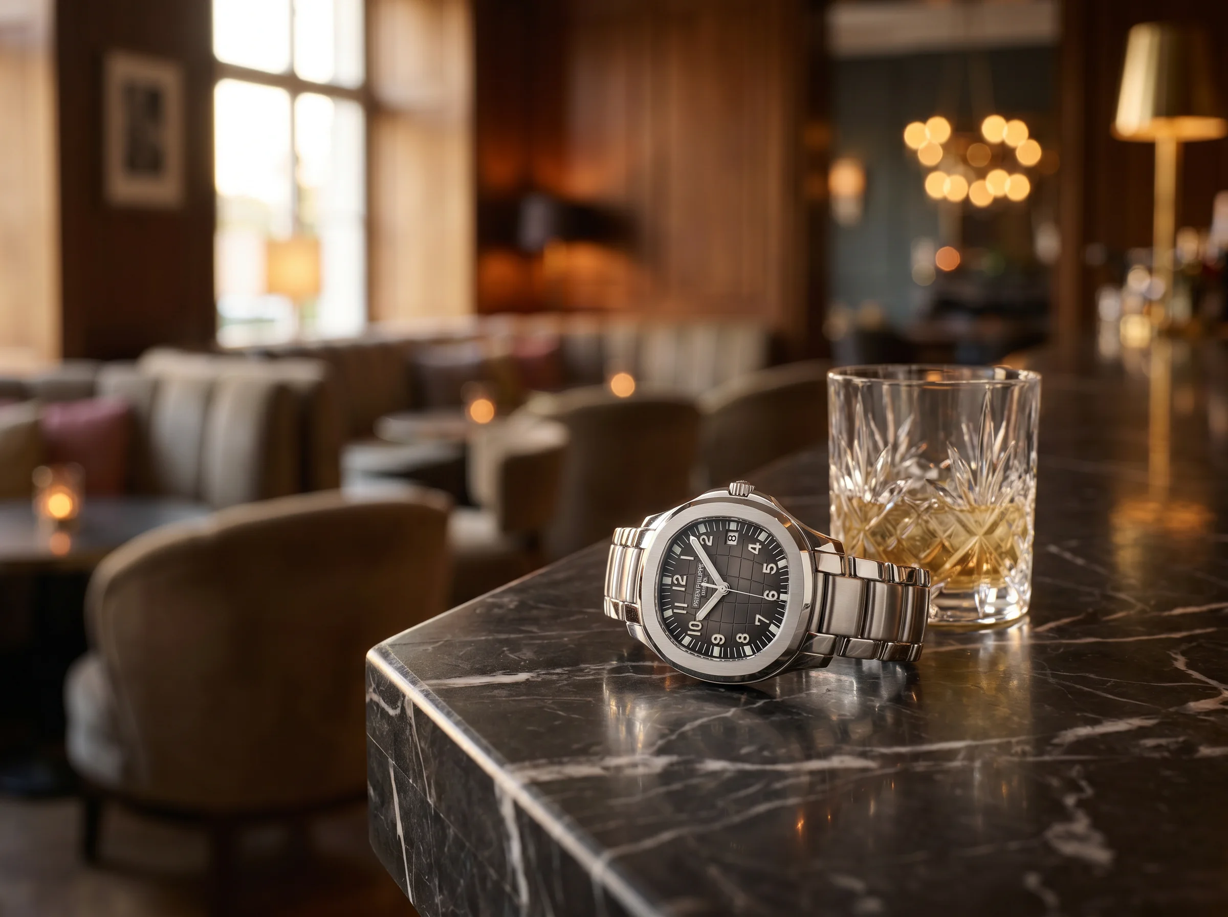 Patek Philippe Aquanaut 5167/1A with black dial on a dark marble bar counter beside a crystal tumbler