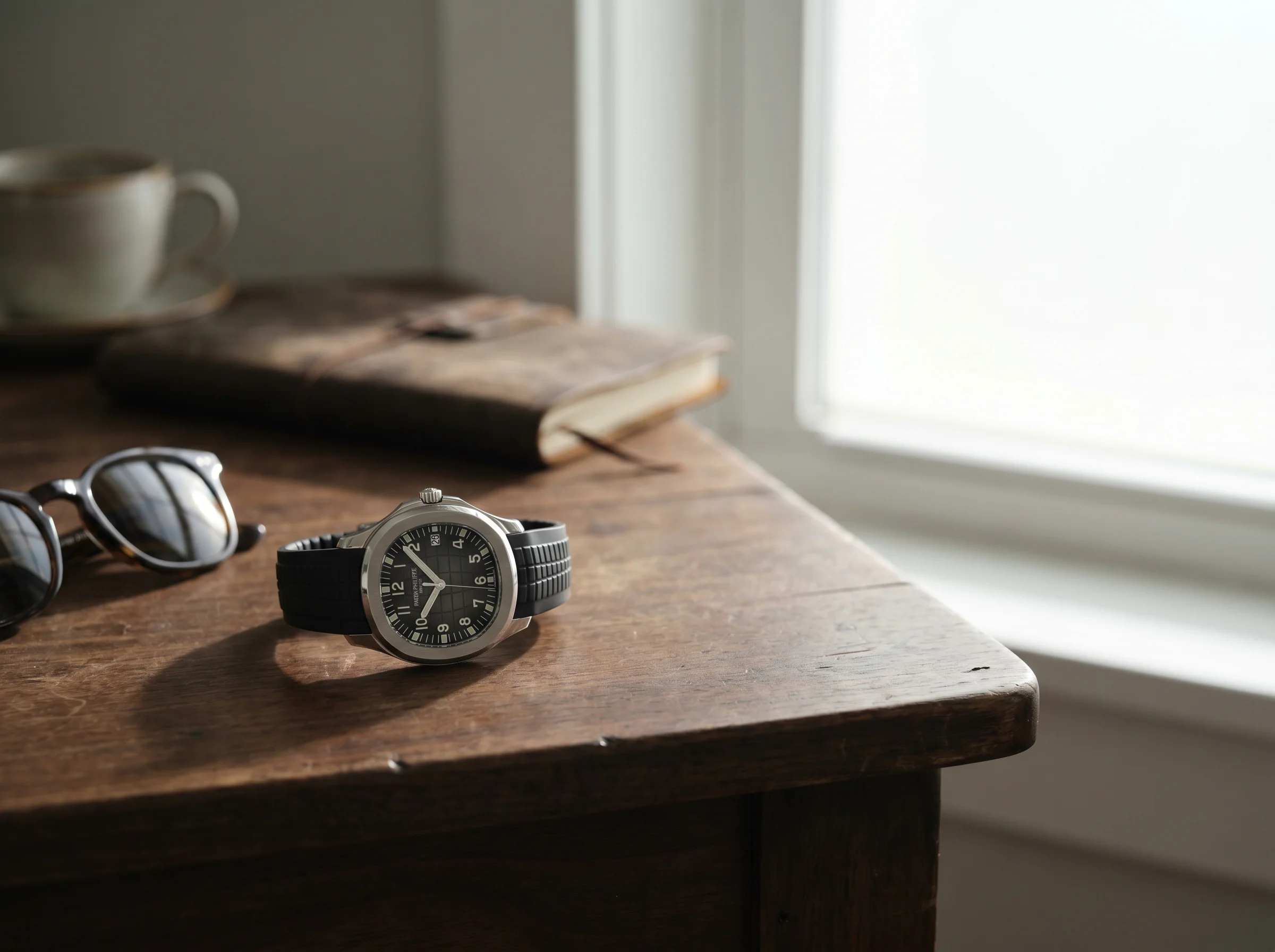 Patek Philippe Aquanaut 5167A in steel with black embossed dial and composite strap on a walnut desk