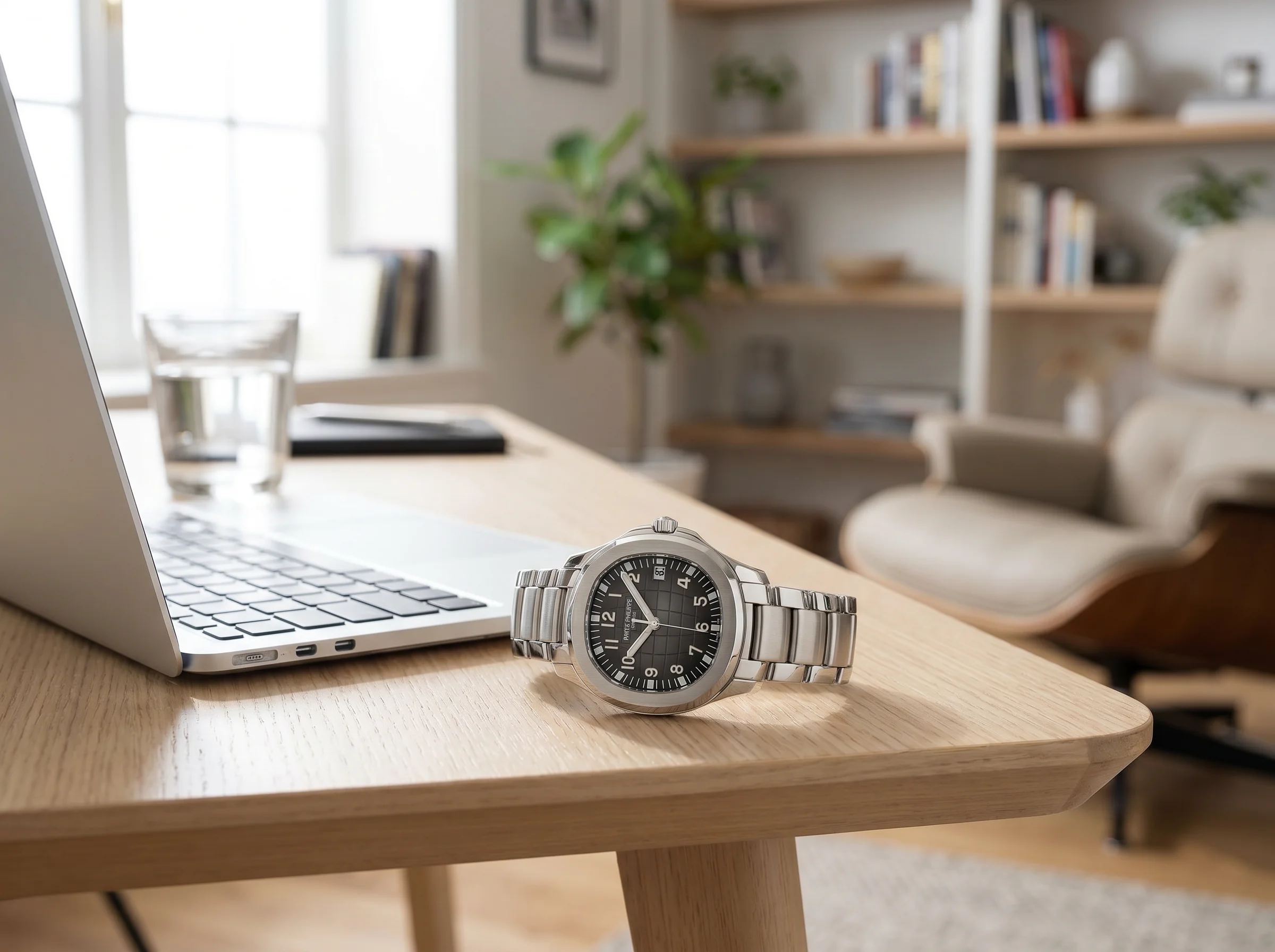 Patek Philippe Aquanaut 5167/1A in steel with black dial on a modern desk beside a laptop