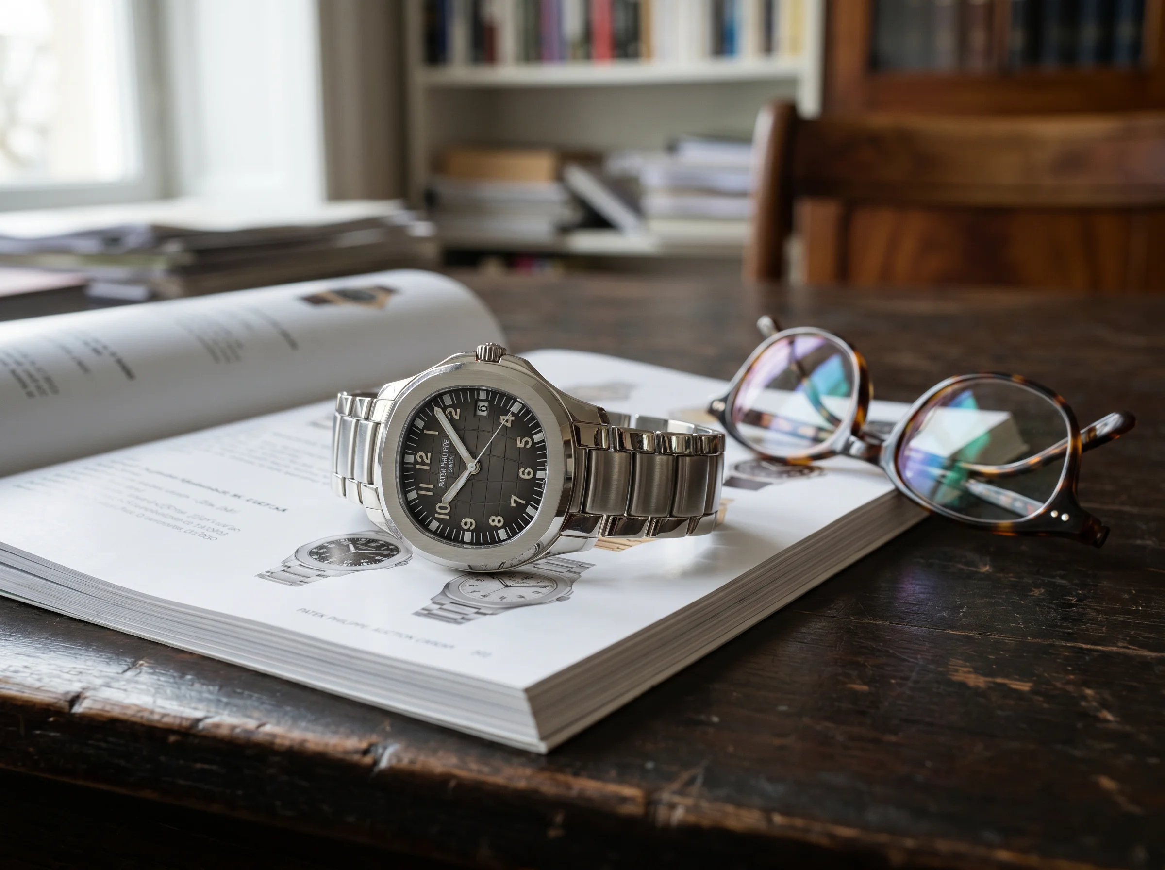 Patek Philippe Aquanaut 5167/1A with black embossed dial and steel bracelet resting on an open auction catalog