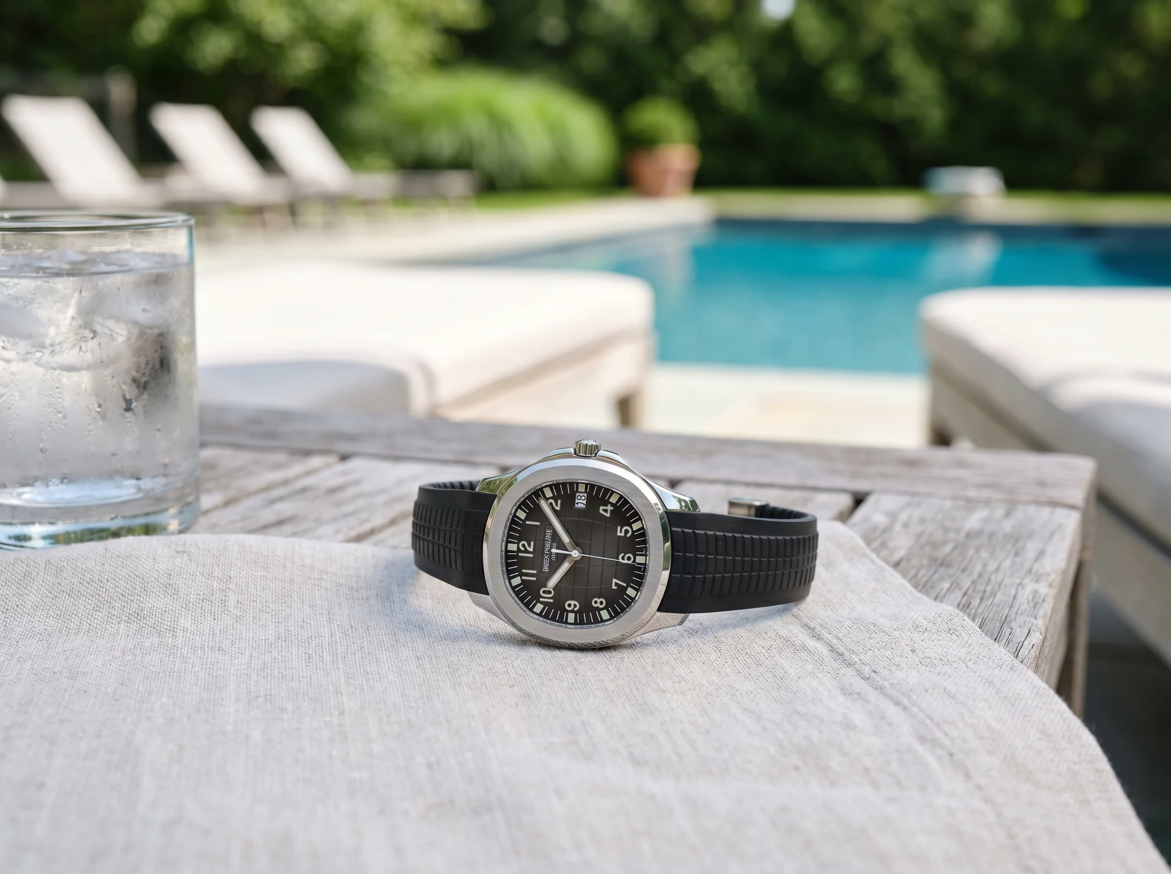Patek Philippe Aquanaut 5167A on linen beside iced water at a sunlit poolside table