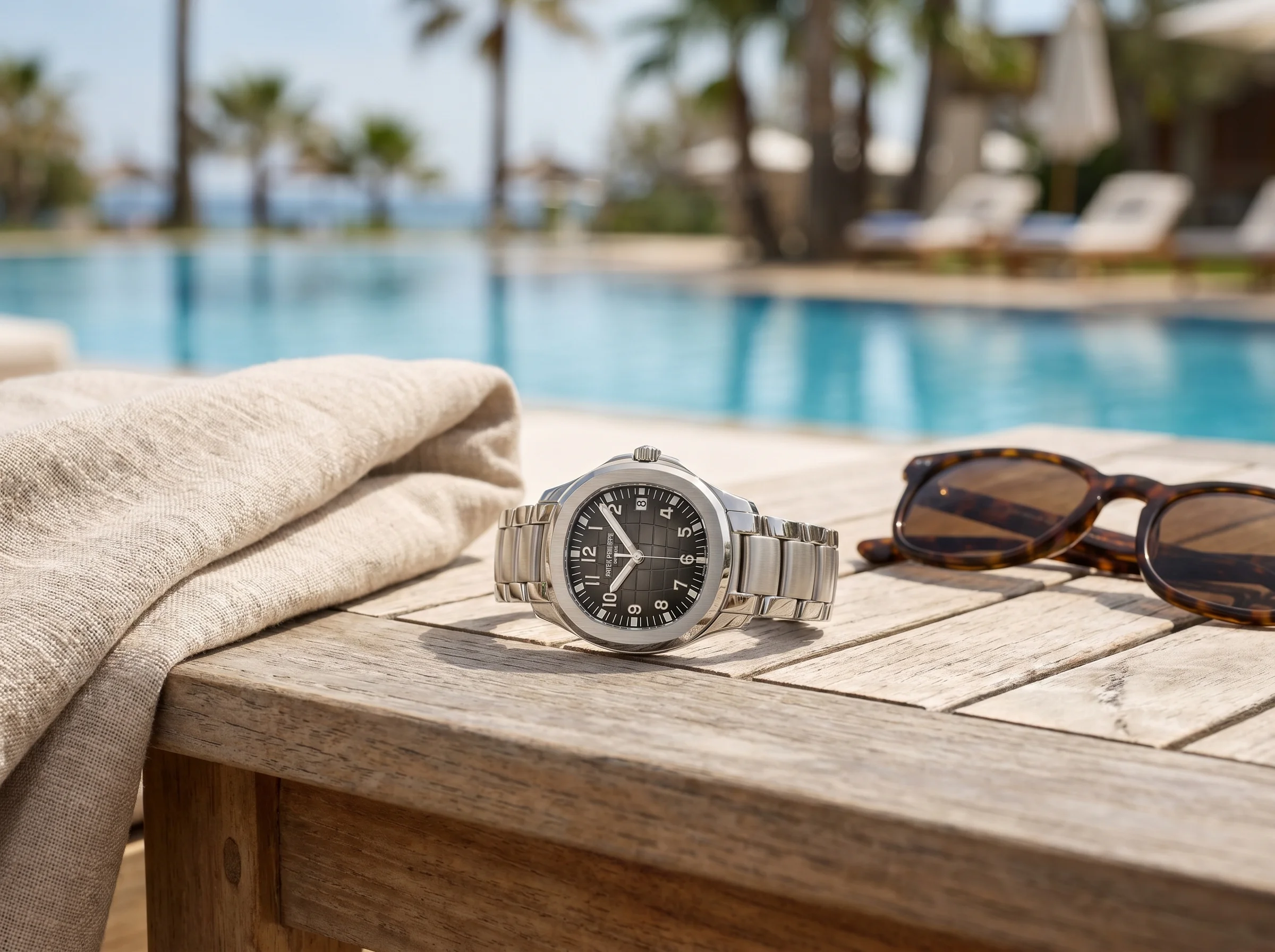 Patek Philippe Aquanaut 5167/1A in steel on a teak poolside table beside a linen towel and sunglasses