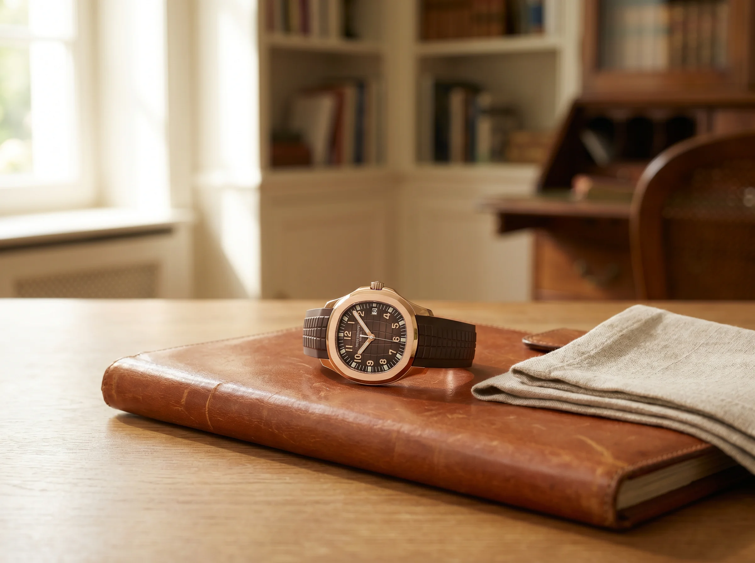 Patek Philippe Aquanaut 5167R in rose gold with brown embossed dial on a cognac leather portfolio