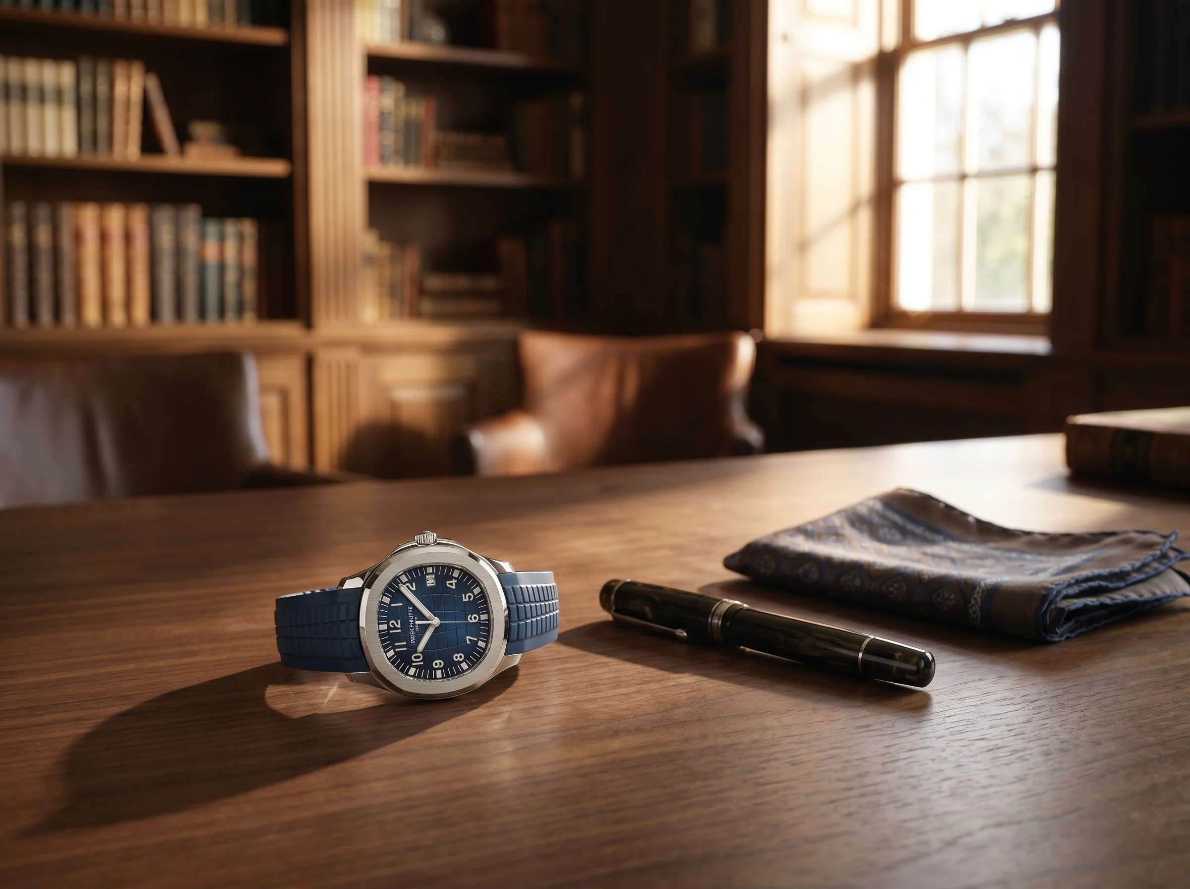 Patek Philippe Aquanaut 5168G in white gold with blue embossed dial on a walnut desk