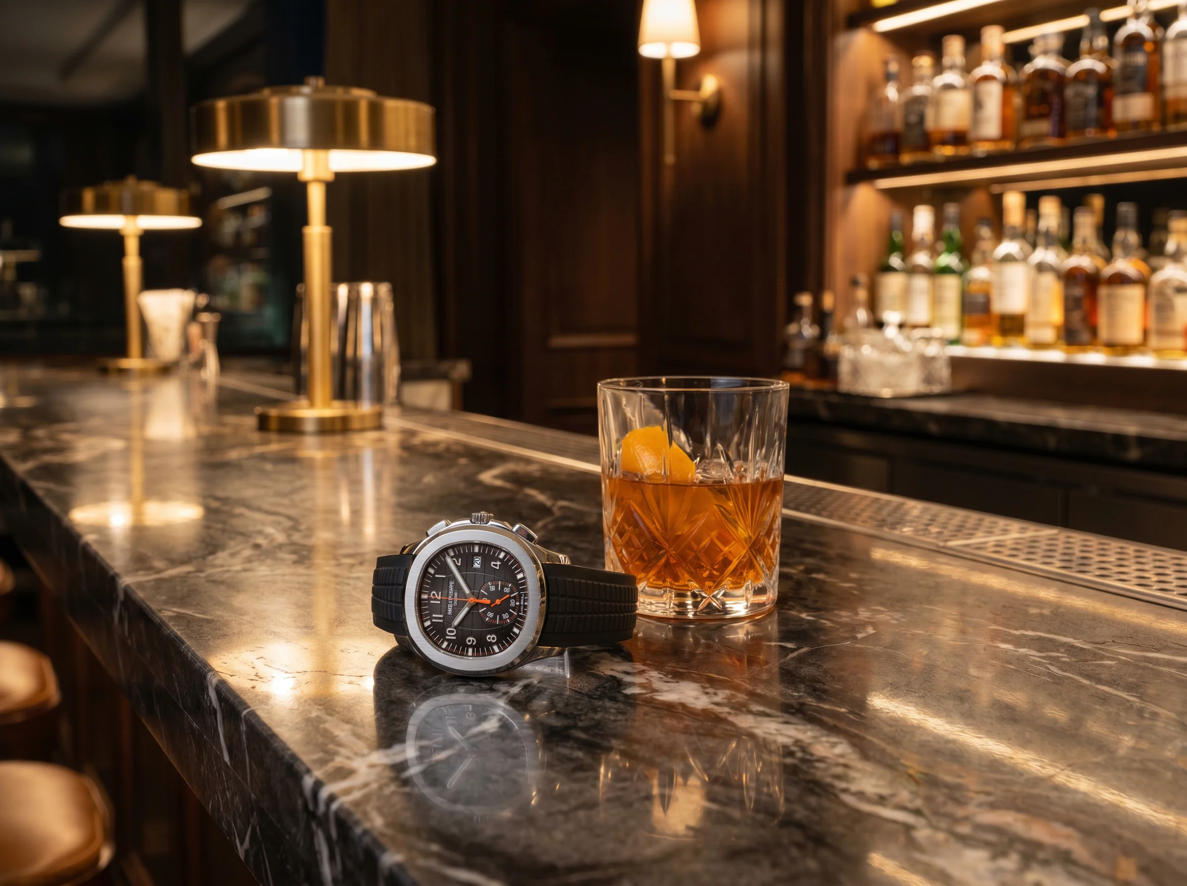 Patek Philippe Aquanaut Chronograph 5968A in steel with black dial and orange accents on a dark marble counter