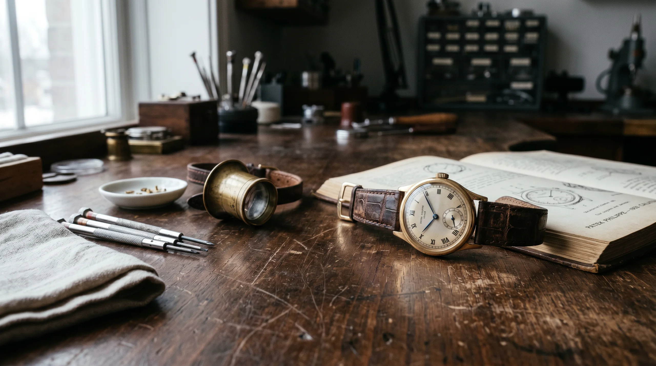 Vintage 1932 Patek Philippe Calatrava reference 96 in yellow gold with silver dial, Roman numerals and blued steel hands, the original Calatrava on a watchmaker's bench