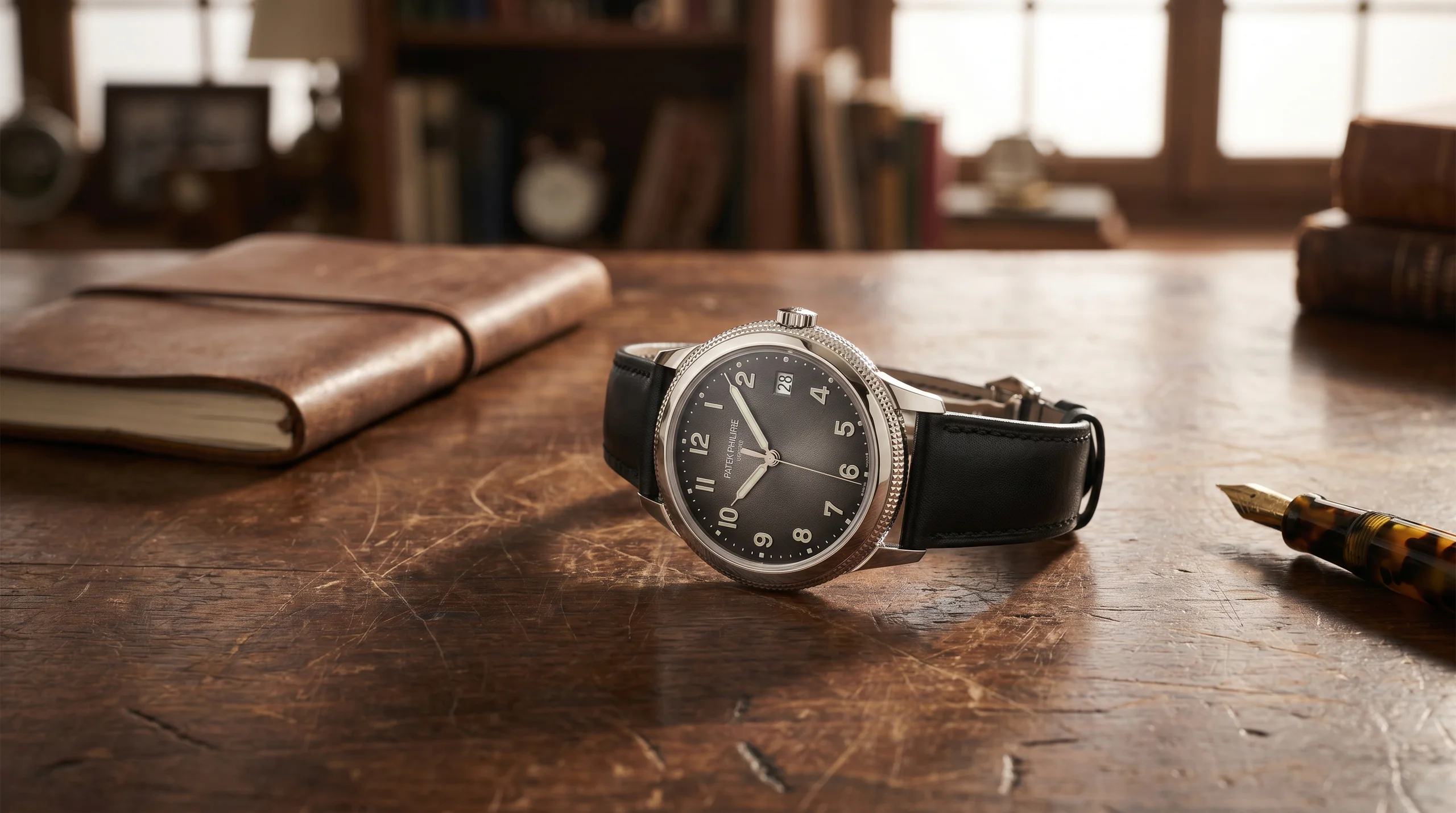 Patek Philippe Calatrava 5226G in 18k white gold with charcoal grained dial and luminous Arabic numerals, resting on a walnut writing desk