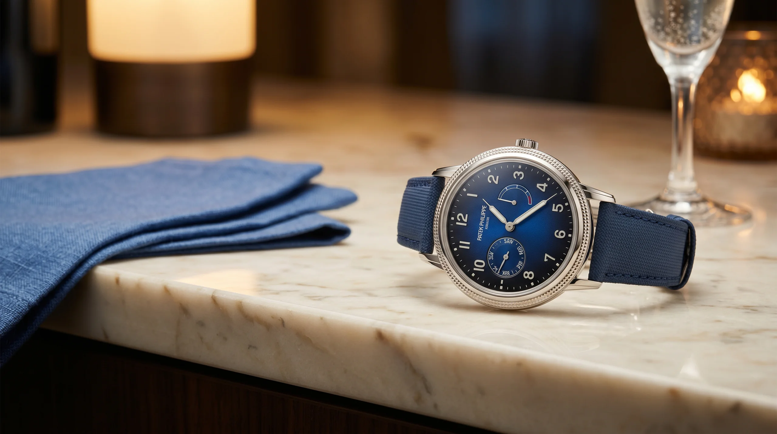 Patek Philippe Calatrava 8-Day reference 5328G in 18k white gold with grained blue dial, hobnail caseband, power reserve and day-date display