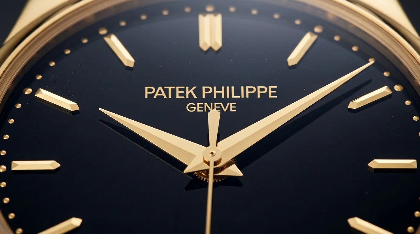Macro shot of a Patek Philippe Calatrava black dial with gold dauphine hands and applied gold hour markers