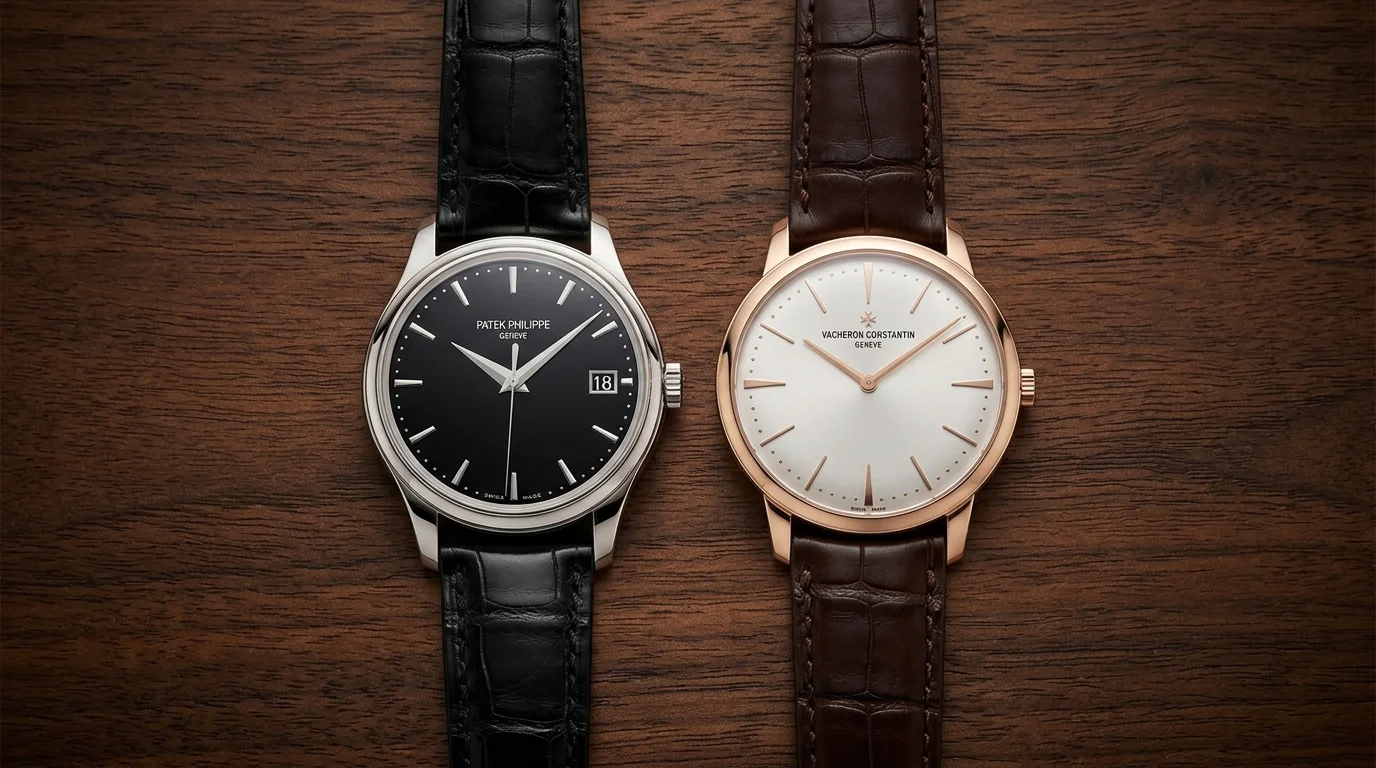 Patek Philippe Calatrava with black dial and Vacheron Constantin Patrimony with silver dial side by side on a wood surface