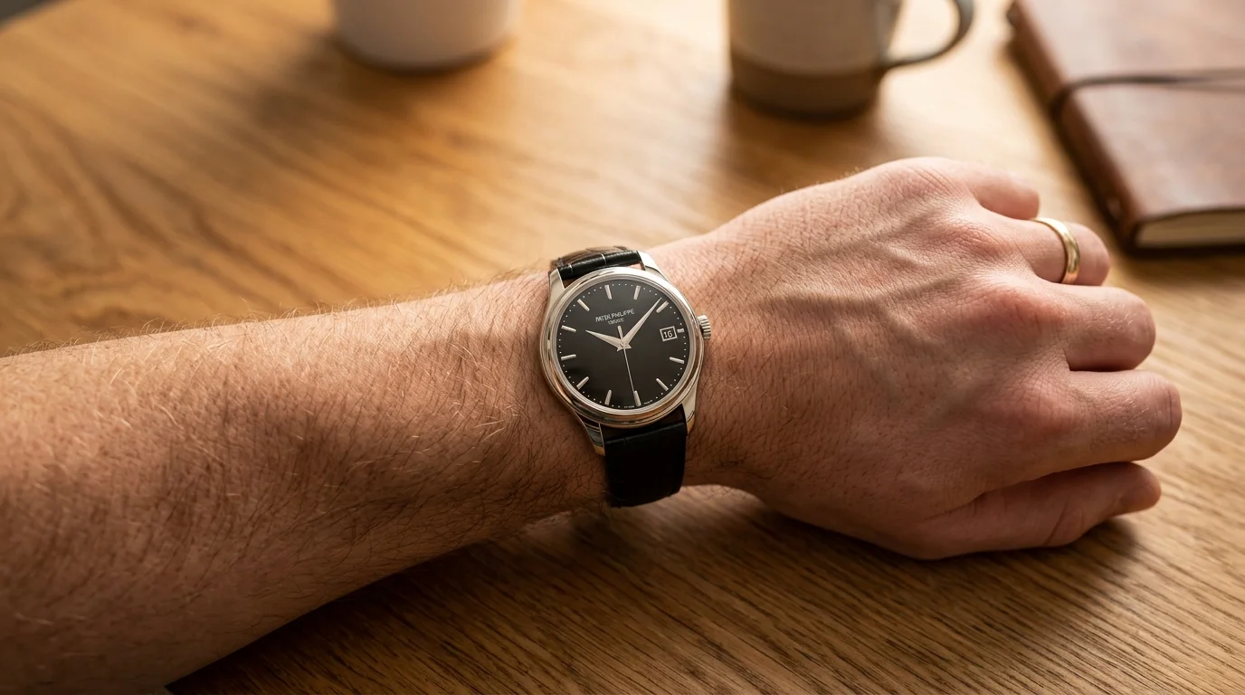 Patek Philippe Calatrava with black dial worn on the wrist resting on a wooden table