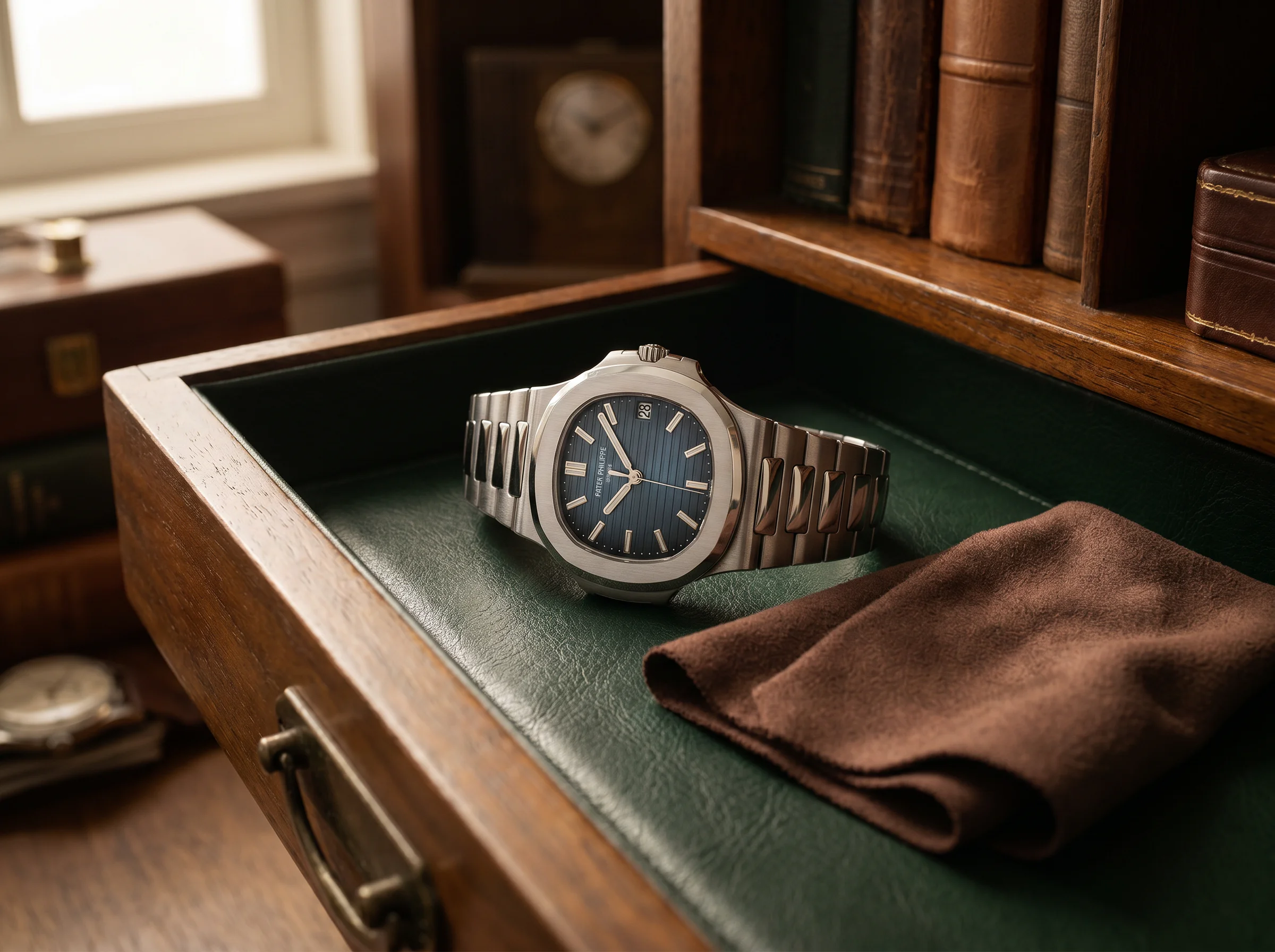 Patek Philippe Nautilus 5711/1A resting in a green leather-lined watch cabinet drawer beside a cloth