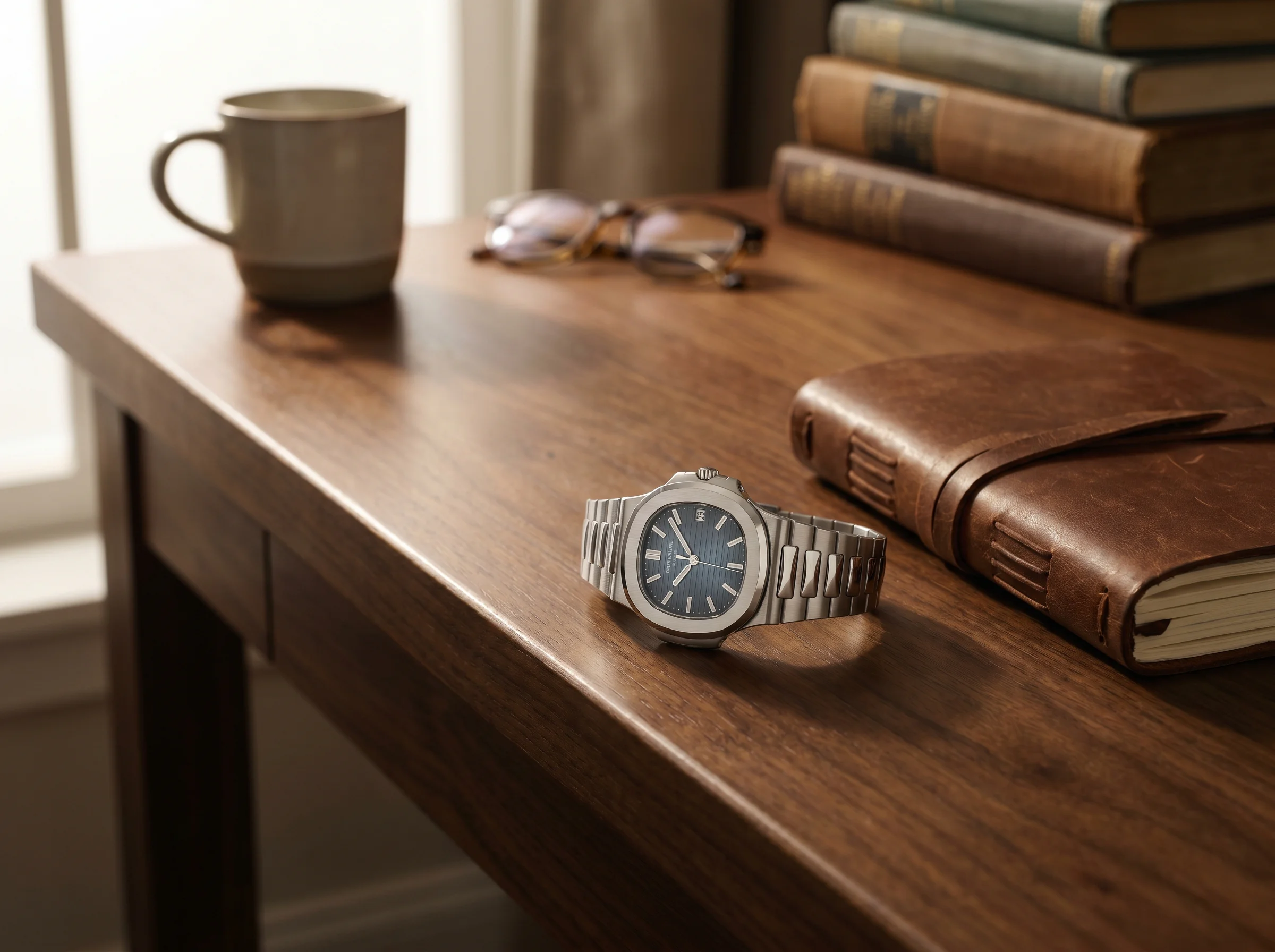 Patek Philippe Nautilus 5711 in steel with blue-grey embossed dial on a walnut desk