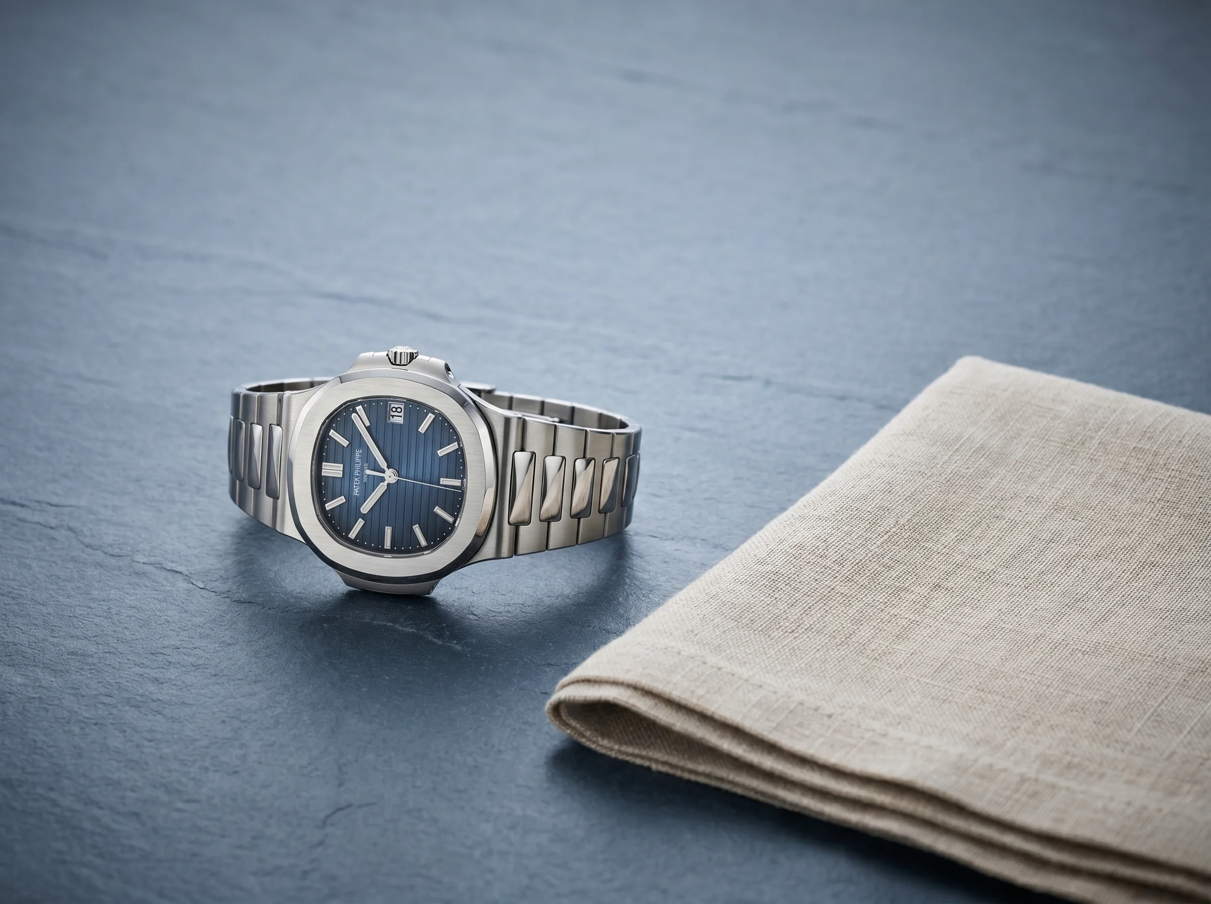 Patek Philippe Nautilus with blue dial on a smooth dark stone surface beside folded linen