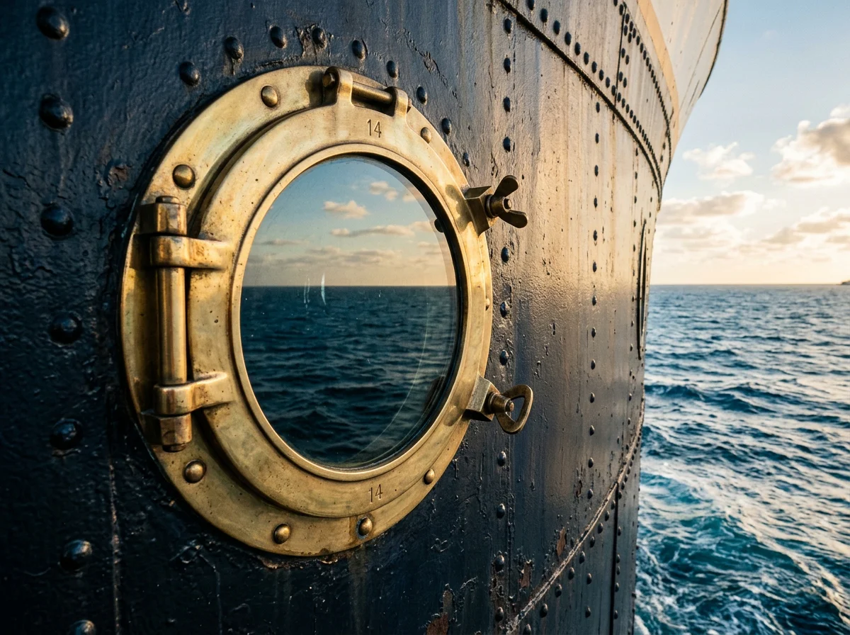 Polished brass porthole window on a vintage ocean liner with deep blue sea reflected in the glass