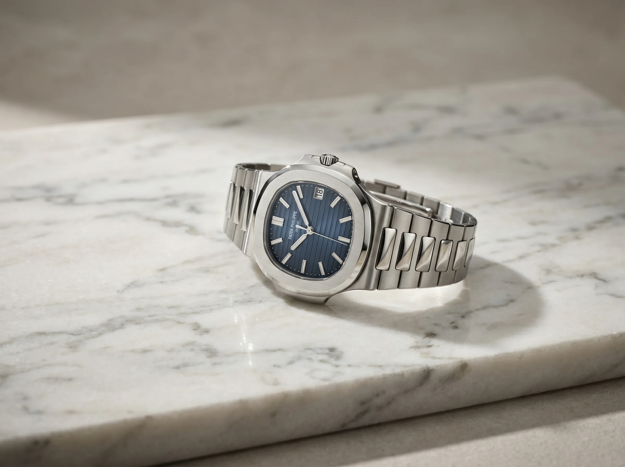 Patek Philippe Nautilus at a three-quarter angle on pale marble, showing the slim case and integrated bracelet
