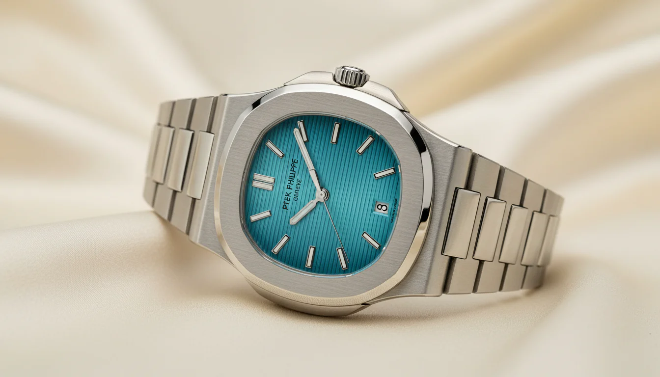 A Patek Philippe Nautilus with a vivid Tiffany blue dial and steel bracelet.