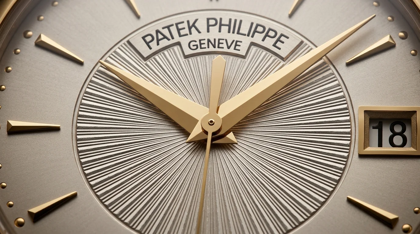 Macro shot of a Patek Philippe Calatrava dial with a hand guilloche sunburst pattern radiating from the center